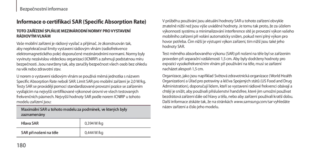 Samsung GT-I9506ZKAPAN, GT-I9506DKYCYV, GT-I9506ZKACYV manual 180, Informace o certifikaci SAR Specific Absorption Rate 