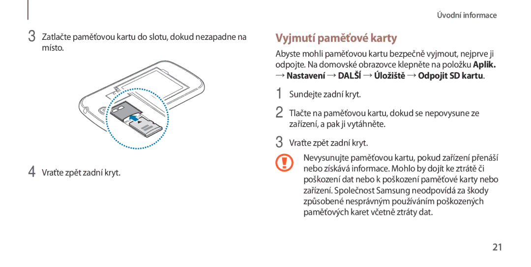 Samsung GT-I9506ZKAVDC manual Vyjmutí paměťové karty, → Nastavení →DALŠÍ →Úložiště →Odpojit SD kartu, Sundejte zadní kryt 