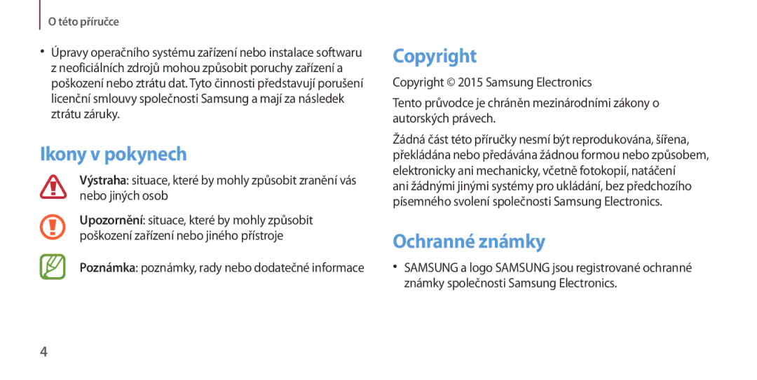 Samsung GT-I9506DKYVGR Ikony v pokynech, Copyright, Ochranné známky, Poznámka poznámky, rady nebo dodatečné informace 