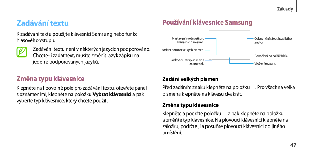 Samsung GT-I9506ZKAVDC manual Zadávání textu, Používání klávesnice Samsung, Změna typu klávesnice, Zadání velkých písmen 