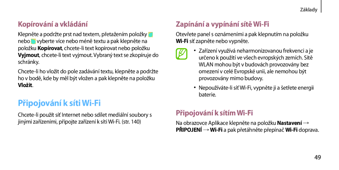 Samsung GT-I9506ZWATTR, GT-I9506DKYCYV Připojování k síti Wi-Fi, Kopírování a vkládání, Zapínání a vypínání sítě Wi-Fi 