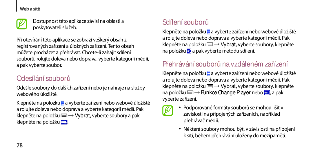 Samsung GT-I9506DKYCYV, GT-I9506ZKACYV manual Odesílání souborů, Sdílení souborů, Přehrávání souborů na vzdáleném zařízení 