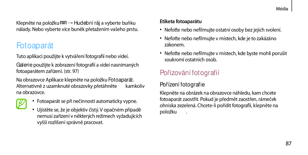 Samsung GT-I9506ZKATMH, GT-I9506DKYCYV manual Fotoaparát, Pořizování fotografií, Pořízení fotografie, Etiketa fotoaparátu 