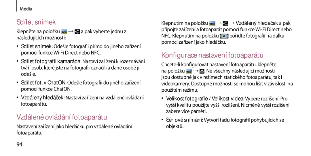 Samsung GT-I9506ZWAORX, GT-I9506DKYCYV Sdílet snímek, Vzdálené ovládání fotoaparátu, Konfigurace nastavení fotoaparátu 