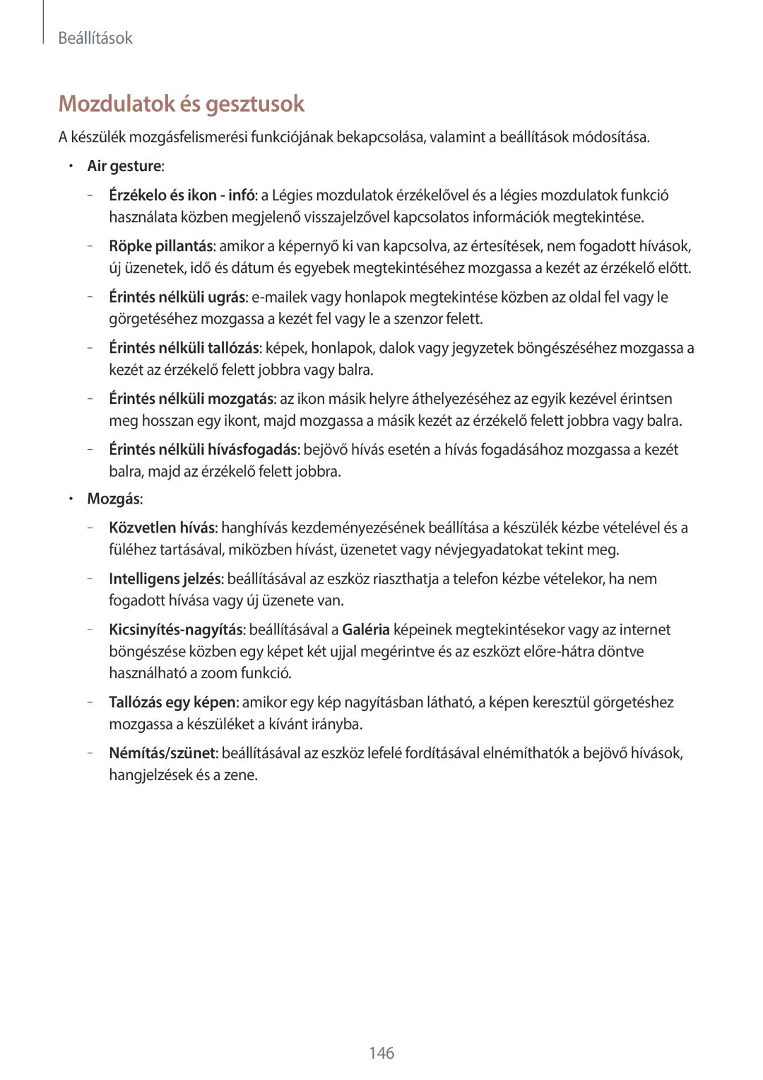 Samsung GT-I9506ZWAORX, GT-I9506DKYCYV, GT-I9506ZKACYV, GT-I9506ZWATPL manual Mozdulatok és gesztusok, Air gesture, Mozgás 