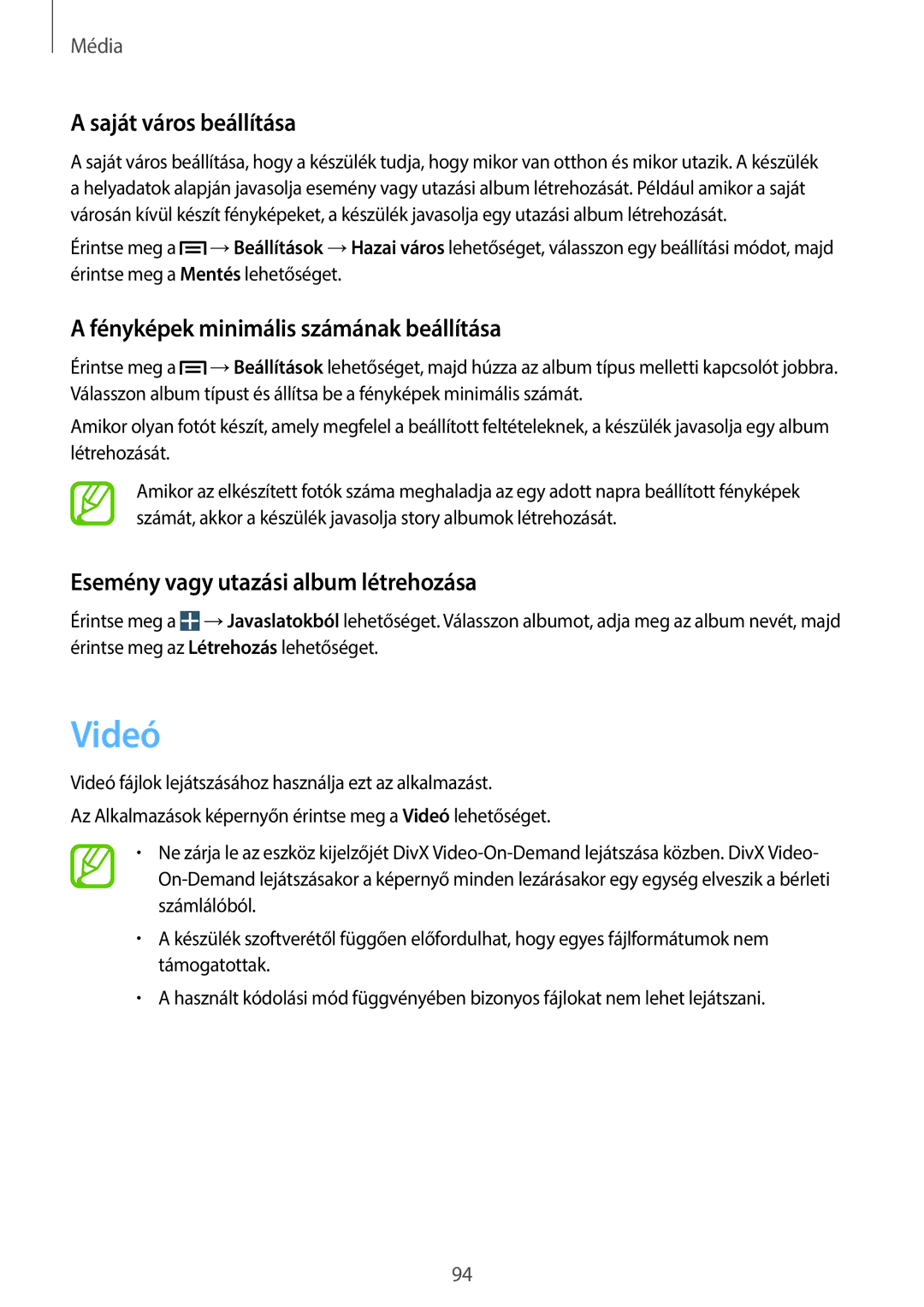 Samsung GT-I9506ZWAORX, GT-I9506DKYCYV manual Videó, Saját város beállítása, Fényképek minimális számának beállítása 