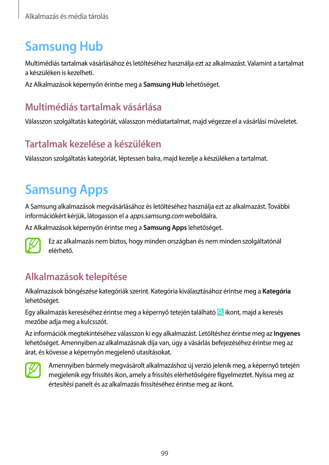 Samsung GT-I9506ZKAVDC manual Samsung Hub, Samsung Apps, Multimédiás tartalmak vásárlása, Tartalmak kezelése a készüléken 