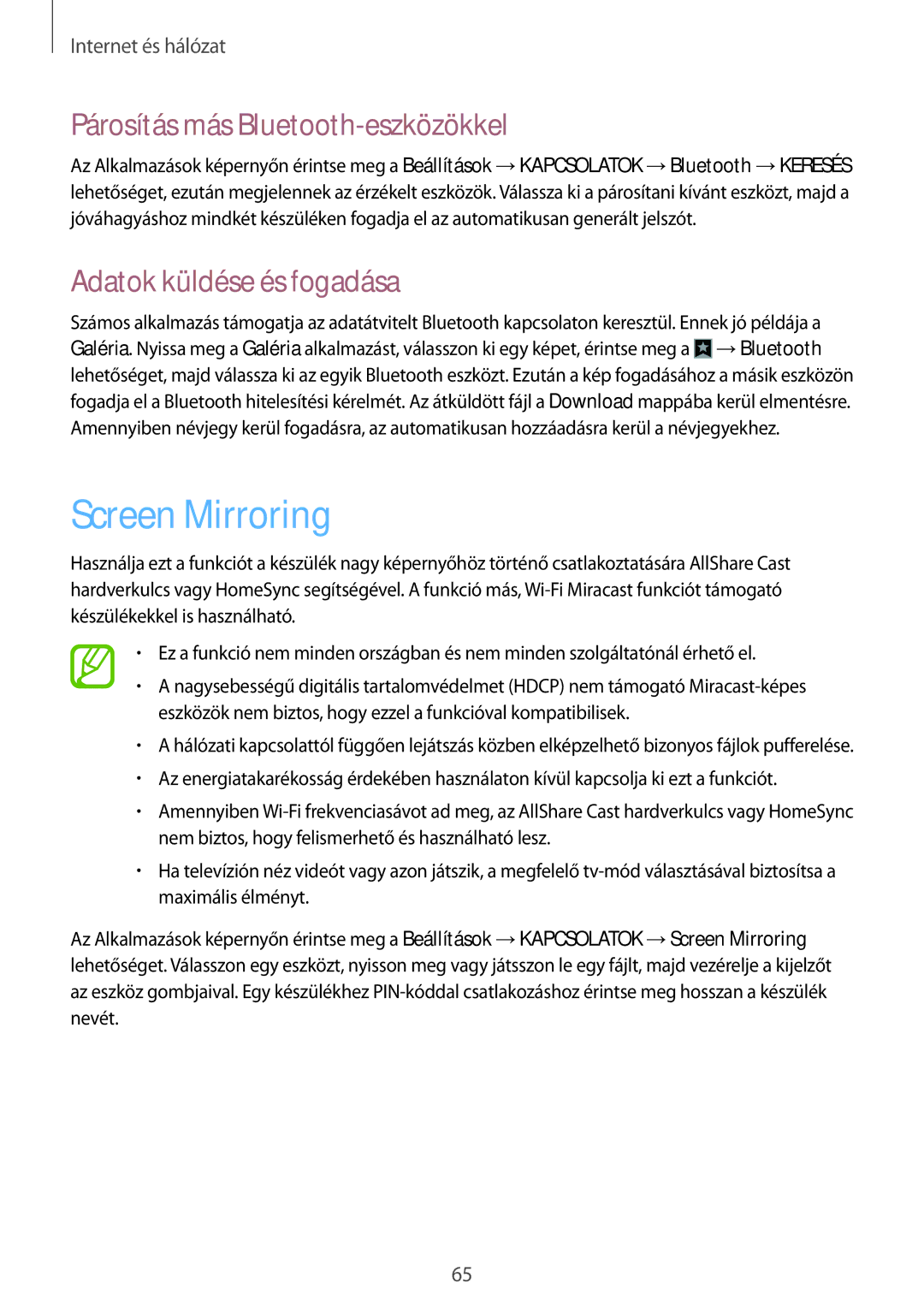 Samsung GT2I9506ZWAETL, GT-I9506DKYCYV Screen Mirroring, Párosítás más Bluetooth-eszközökkel, Adatok küldése és fogadása 