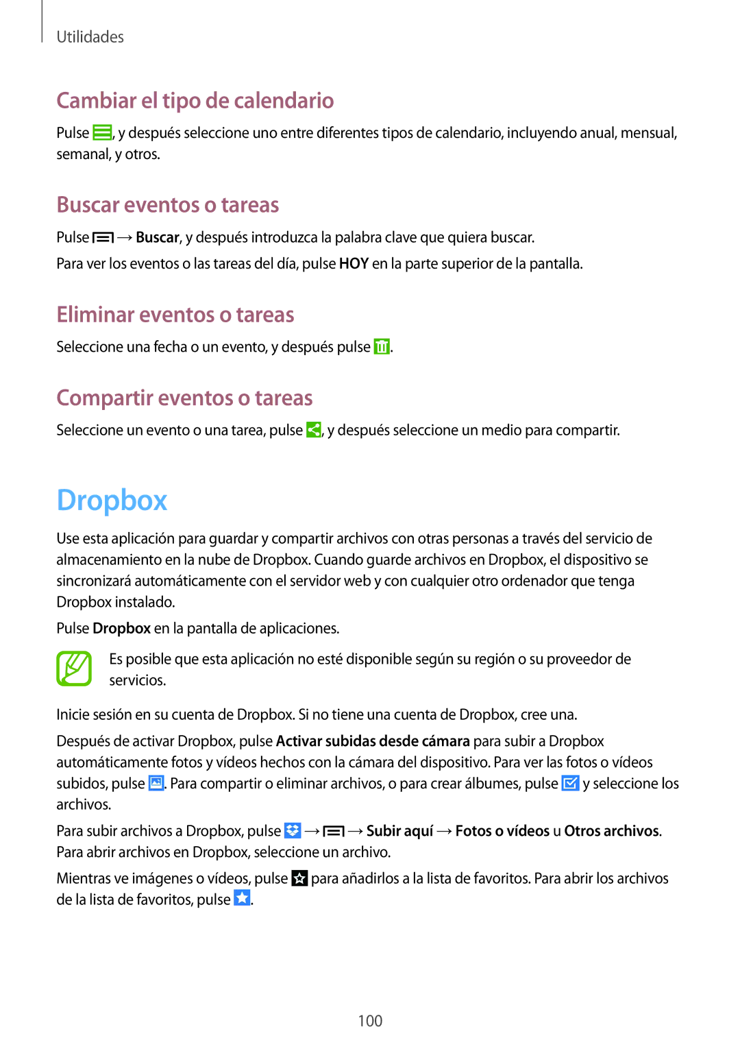 Samsung GT-I9506DKYATL manual Dropbox, Cambiar el tipo de calendario, Buscar eventos o tareas, Eliminar eventos o tareas 