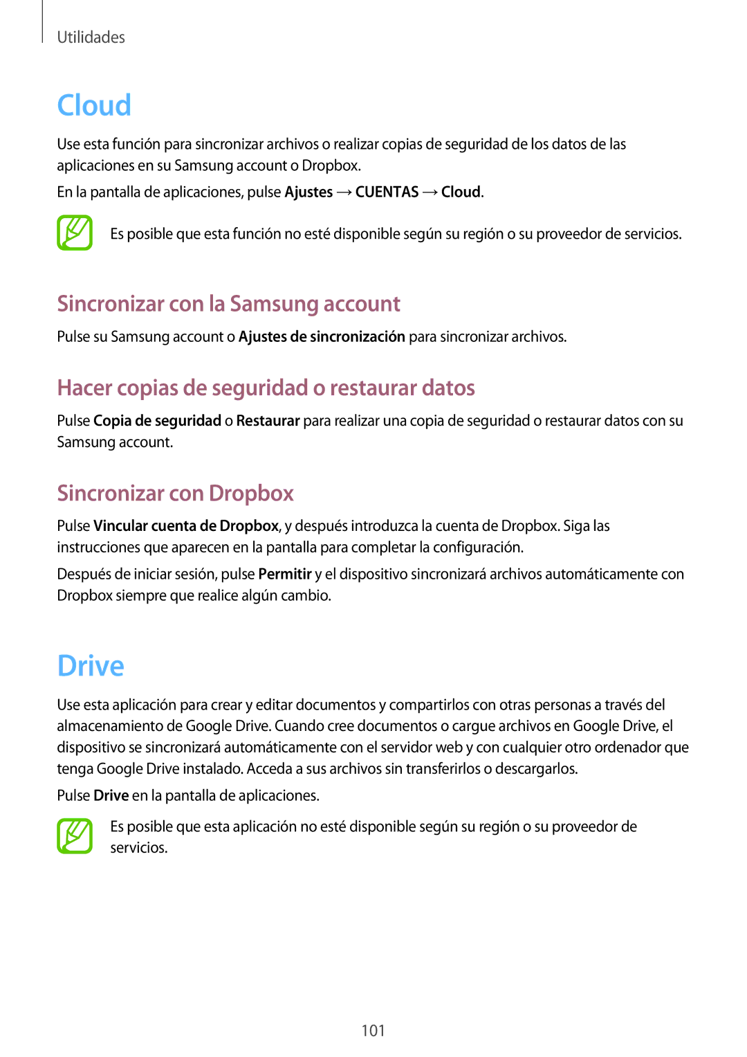 Samsung GT-I9506DKYPHE manual Cloud, Drive, Sincronizar con la Samsung account, Hacer copias de seguridad o restaurar datos 