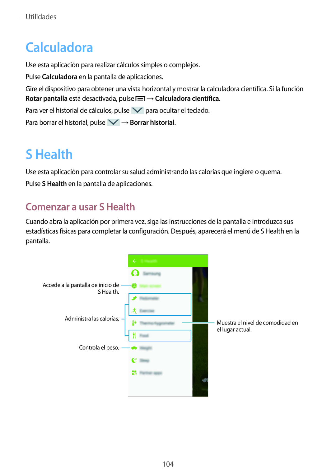 Samsung GT-I9506ZWAVAU, GT-I9506DKYDTM, GT-I9506ZWAFTM, GT-I9506DKYATL manual Calculadora, Comenzar a usar S Health 