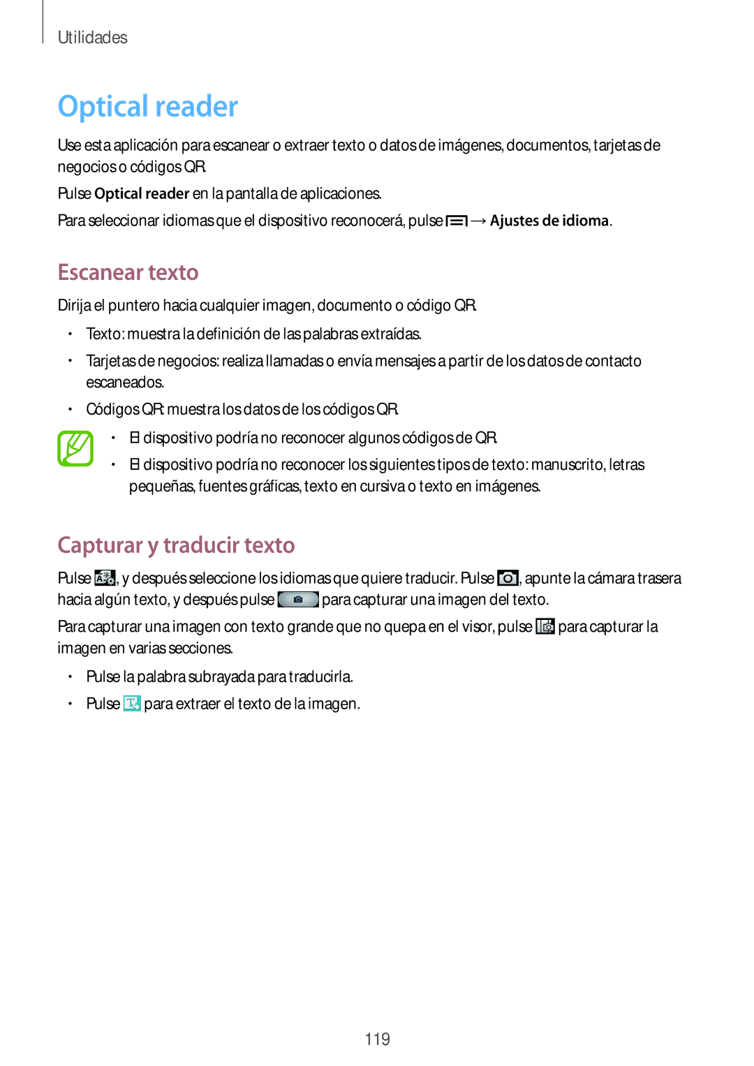 Samsung GT-I9506DKYDTM, GT-I9506ZWAFTM, GT-I9506DKYATL manual Optical reader, Escanear texto, Capturar y traducir texto 