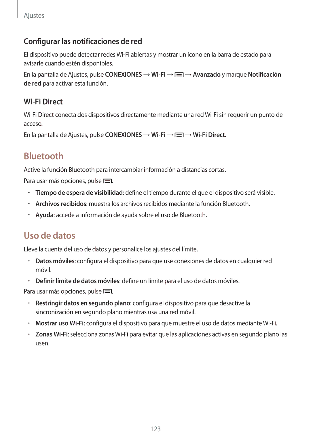 Samsung GT-I9506ZKAATL, GT-I9506DKYDTM manual Bluetooth, Uso de datos, Configurar las notificaciones de red, Wi-Fi Direct 