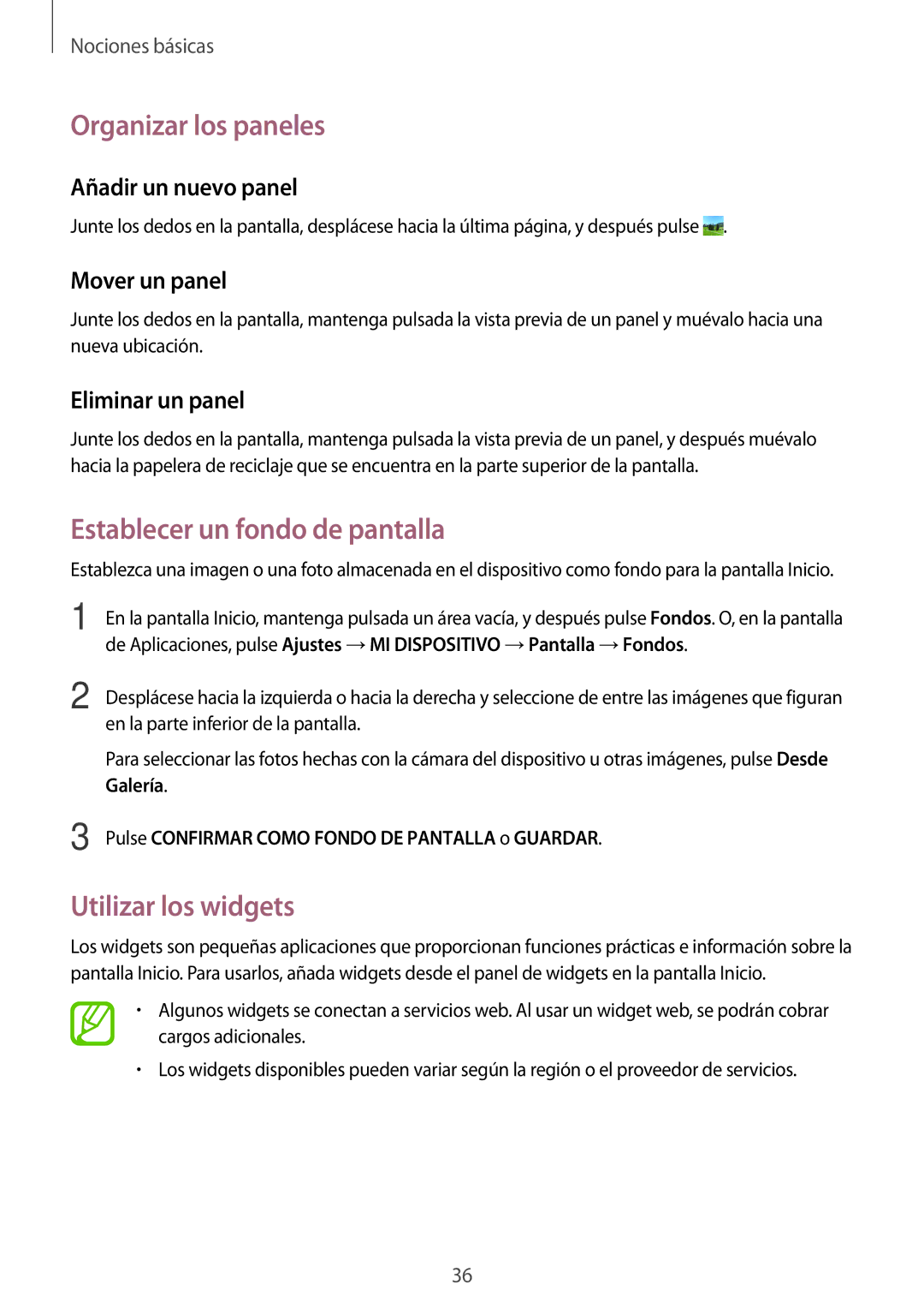 Samsung GT-I9506ZWAFTM, GT-I9506DKYDTM manual Organizar los paneles, Establecer un fondo de pantalla, Utilizar los widgets 