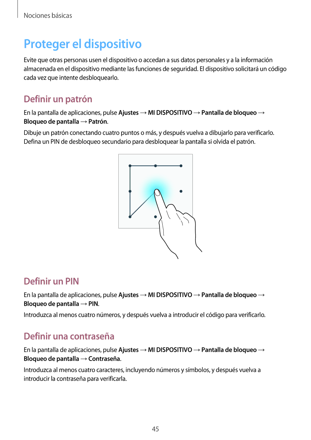 Samsung GT-I9506DKYPHE, GT-I9506DKYDTM Proteger el dispositivo, Definir un patrón, Definir un PIN, Definir una contraseña 