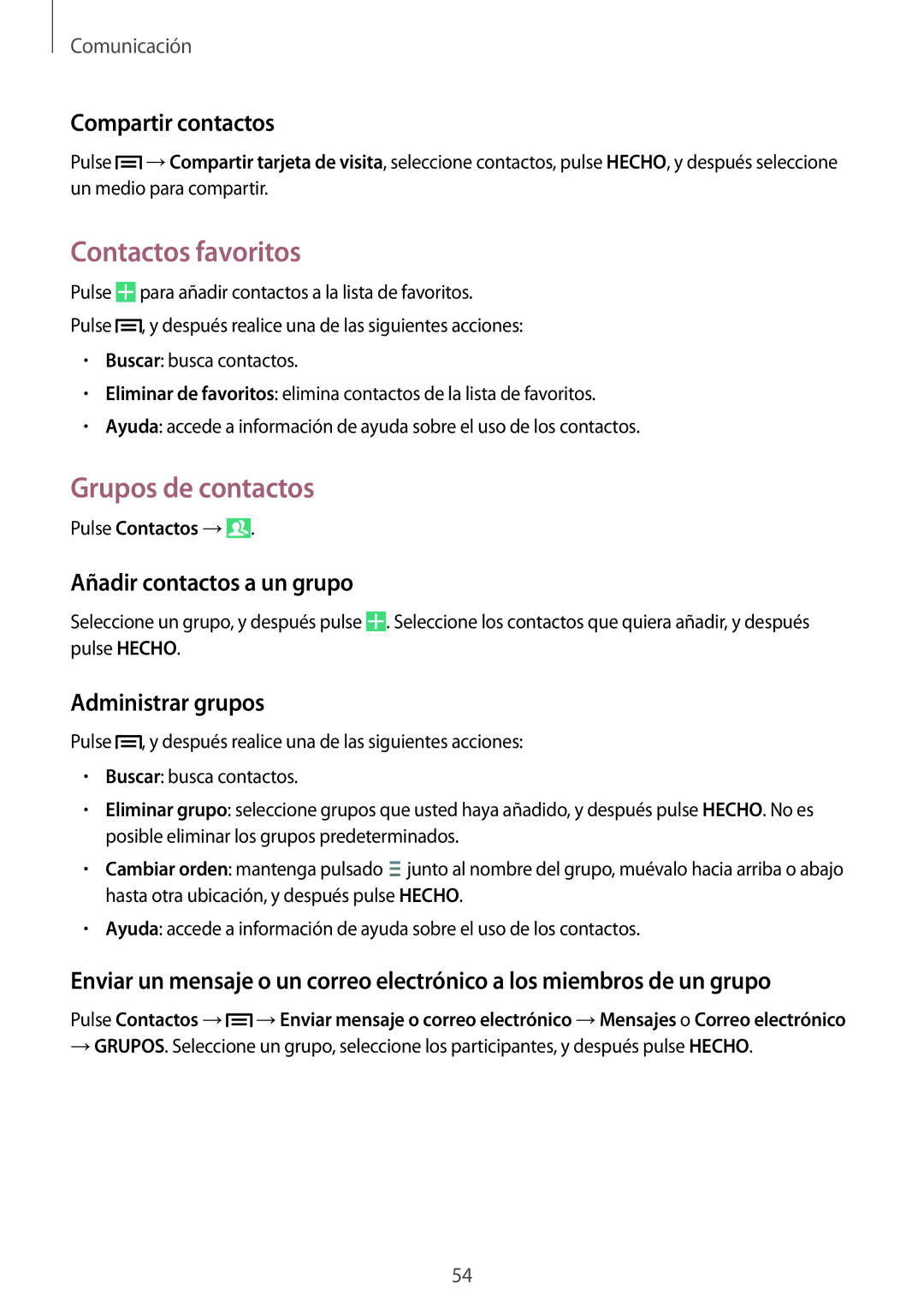 Samsung GT-I9506ZWAATL manual Contactos favoritos, Grupos de contactos, Compartir contactos, Añadir contactos a un grupo 