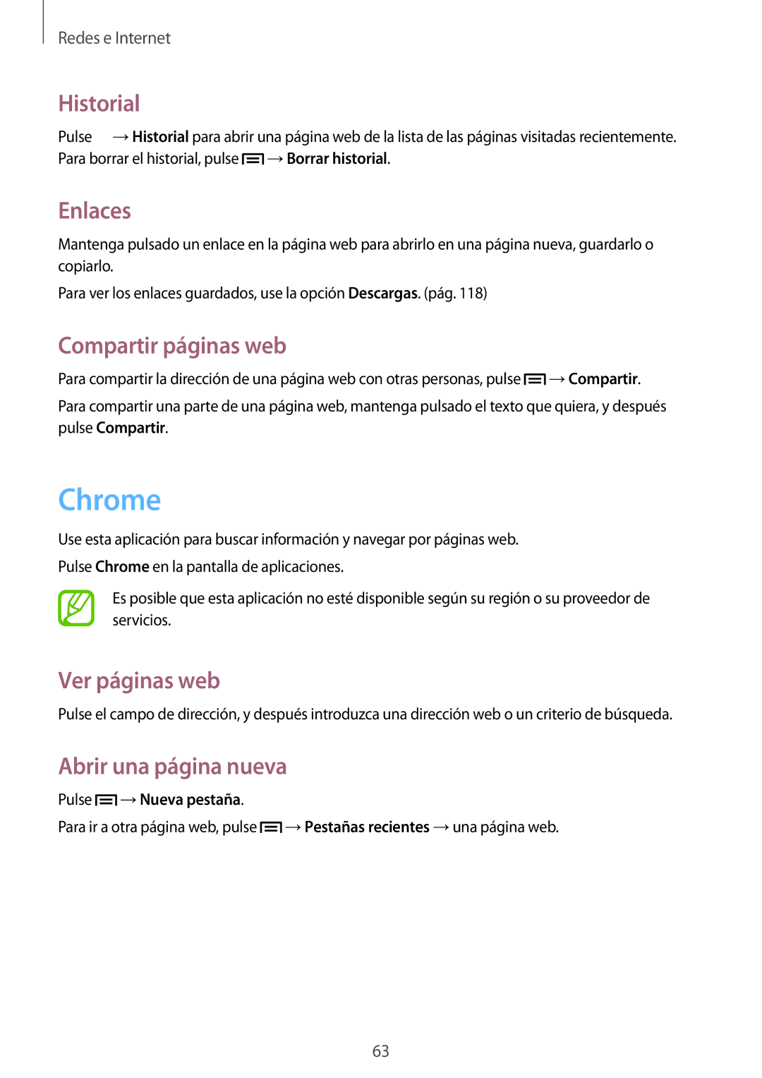 Samsung GT-I9506DKYDTM, GT-I9506ZWAFTM manual Chrome, Historial, Enlaces, Compartir páginas web, Pulse →Nueva pestaña 