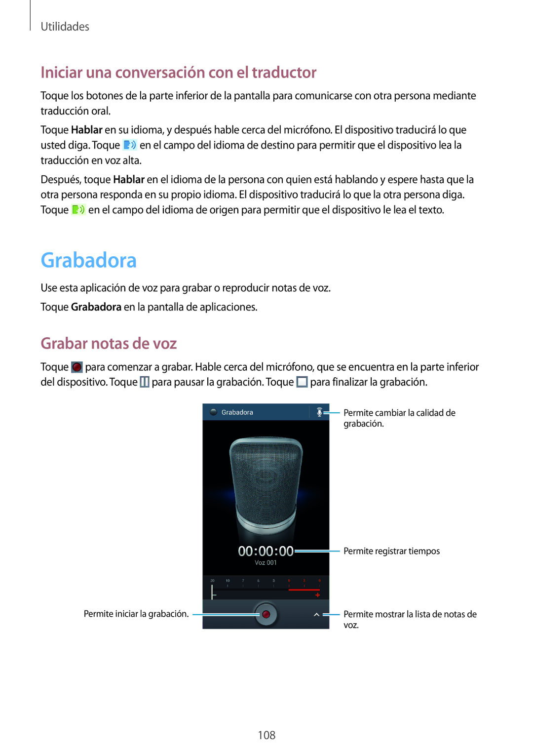 Samsung GT-I9506DKYPHE, GT-I9506DKYDTM manual Grabadora, Iniciar una conversación con el traductor, Grabar notas de voz 