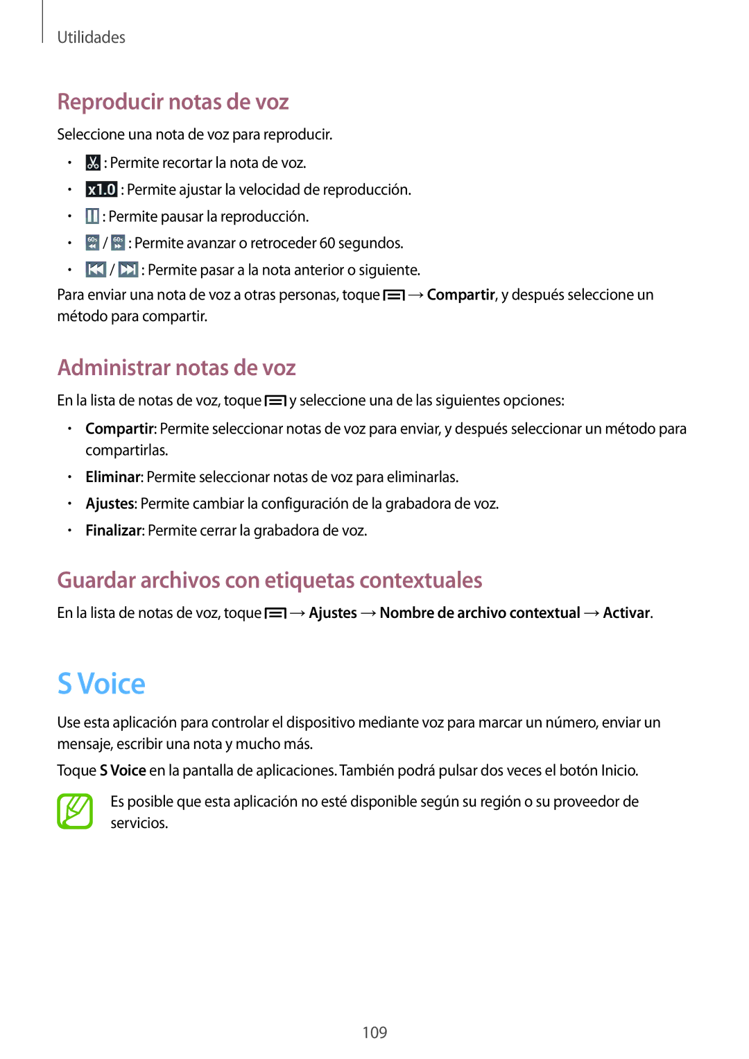 Samsung GT-I9506ZKAATL, GT-I9506DKYDTM, GT-I9506ZWAFTM manual Voice, Reproducir notas de voz, Administrar notas de voz 