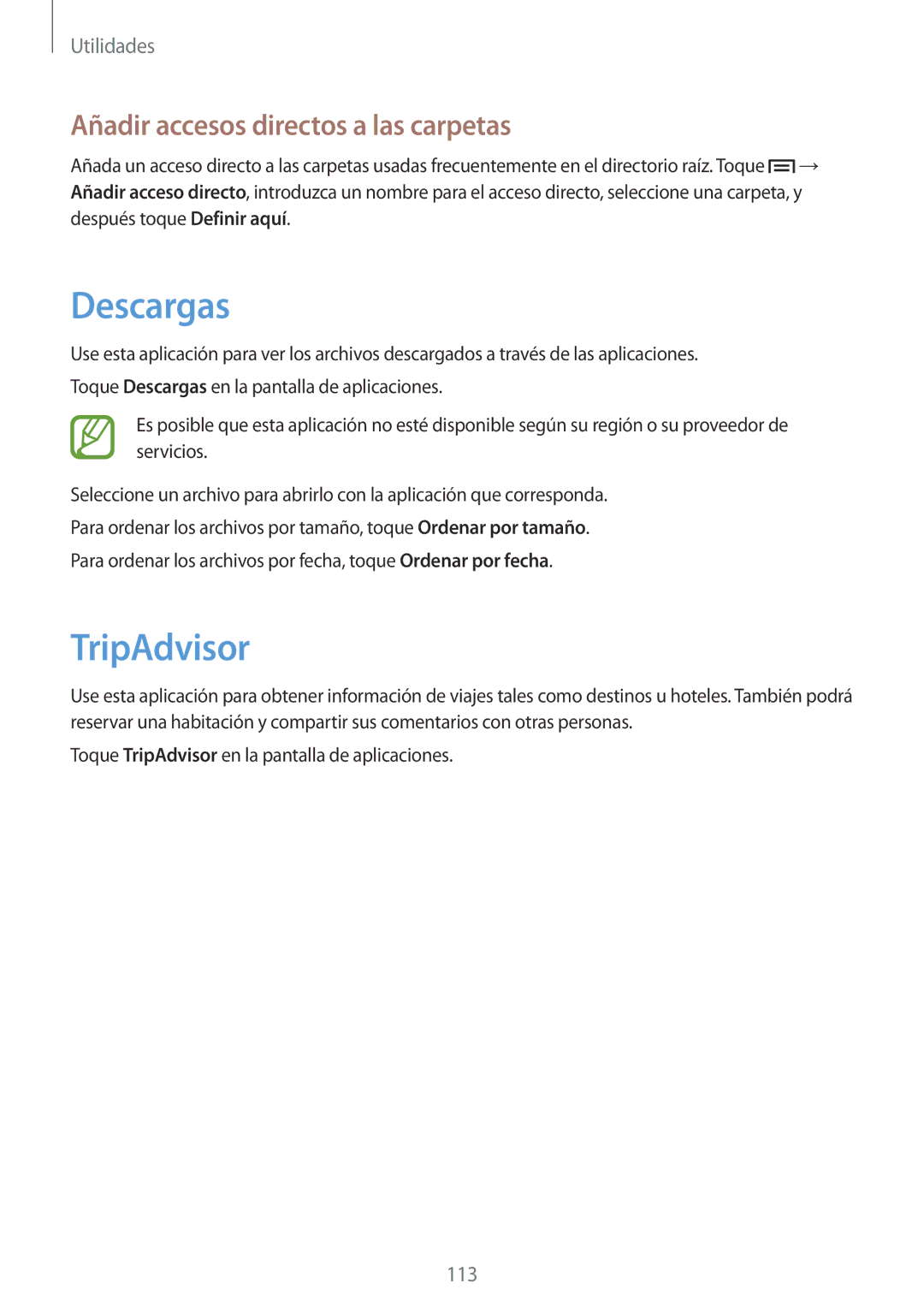 Samsung GT-I9506ZWAFTM, GT-I9506DKYDTM, GT-I9506DKYATL manual Descargas, TripAdvisor, Añadir accesos directos a las carpetas 