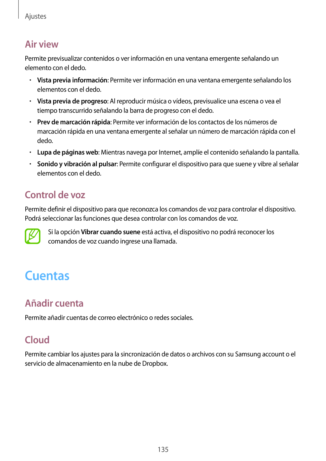 Samsung GT-I9506DKYATL, GT-I9506DKYDTM, GT-I9506ZWAFTM manual Cuentas, Air view, Control de voz, Añadir cuenta, Cloud 
