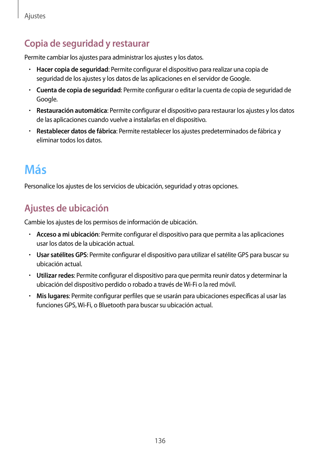 Samsung GT-I9506DKYPHE, GT-I9506DKYDTM, GT-I9506ZWAFTM manual Más, Copia de seguridad y restaurar, Ajustes de ubicación 