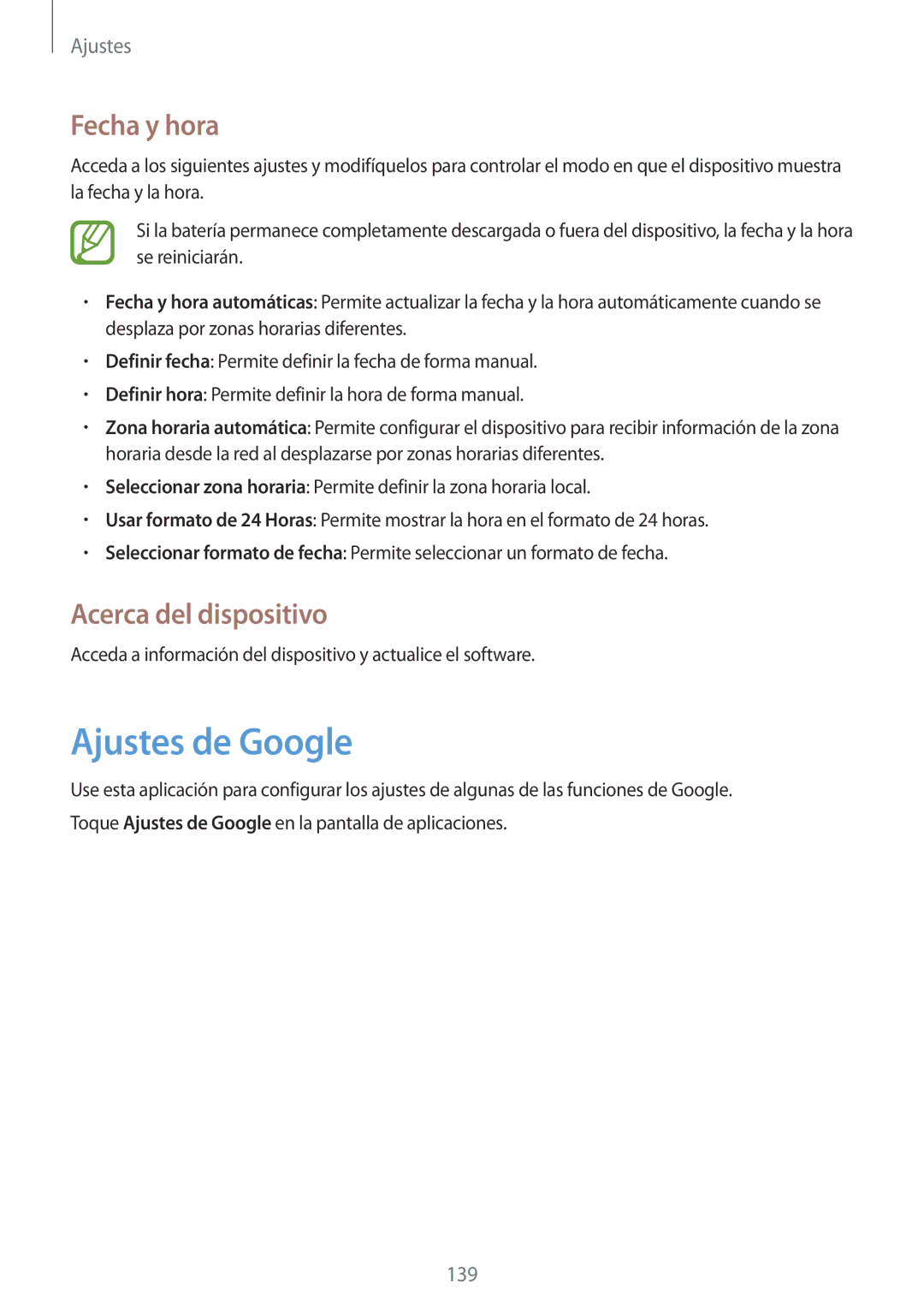 Samsung GT-I9506ZWAVAU, GT-I9506DKYDTM, GT-I9506ZWAFTM manual Ajustes de Google, Fecha y hora, Acerca del dispositivo 