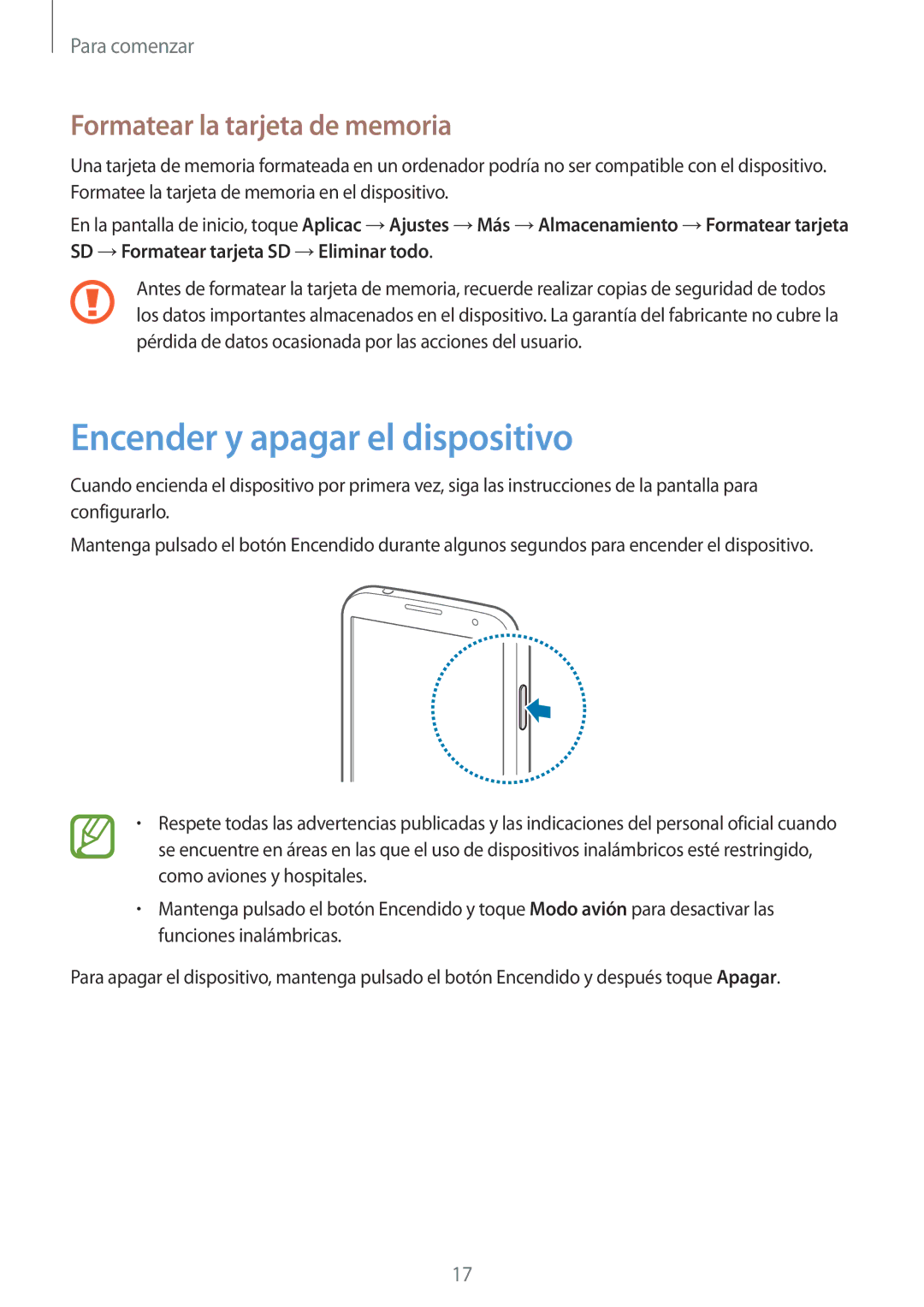 Samsung GT-I9506DKYPHE, GT-I9506DKYDTM, GT-I9506ZWAFTM Encender y apagar el dispositivo, Formatear la tarjeta de memoria 