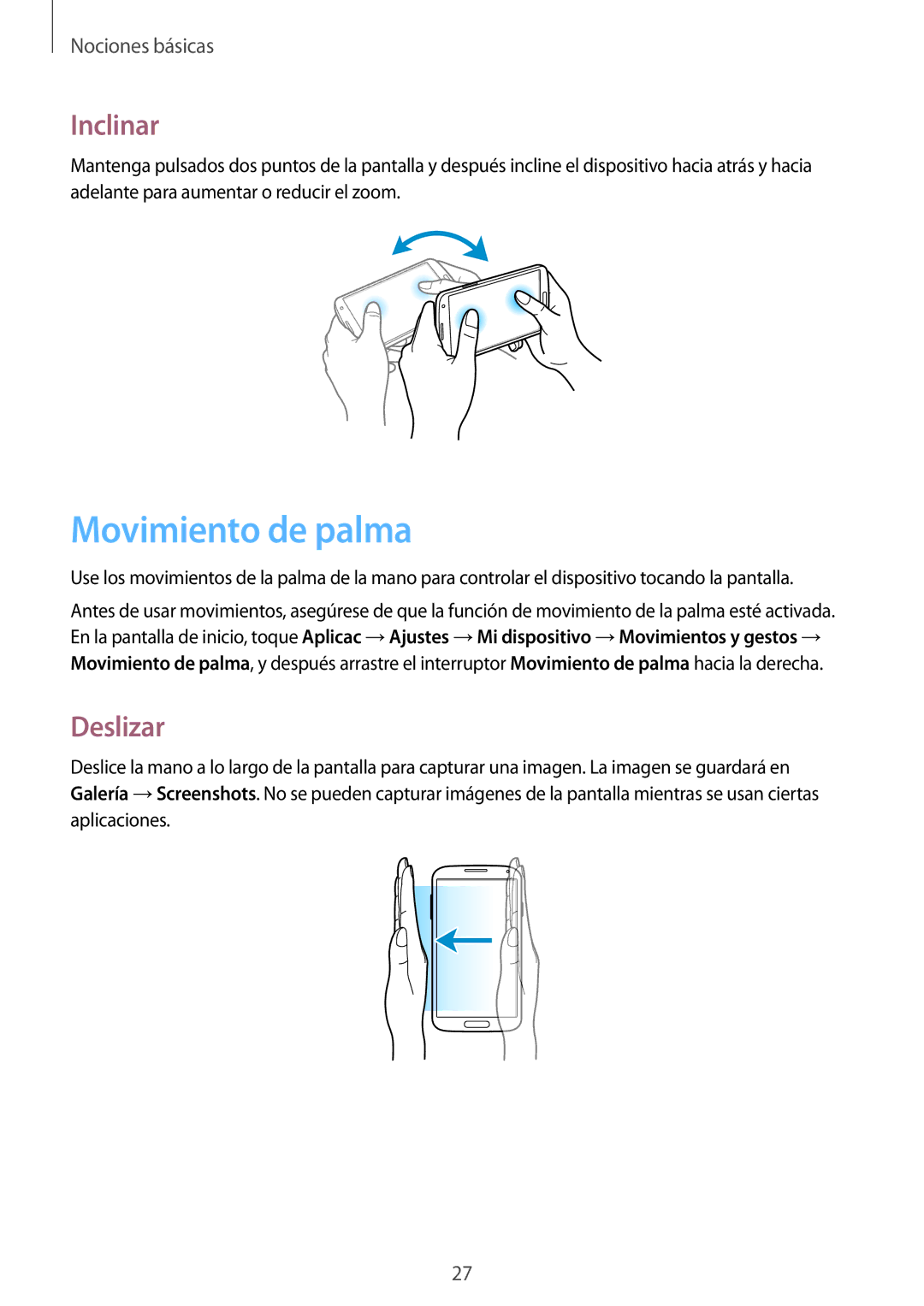 Samsung GT-I9506ZWAVAU, GT-I9506DKYDTM, GT-I9506ZWAFTM, GT-I9506DKYATL manual Movimiento de palma, Inclinar, Deslizar 