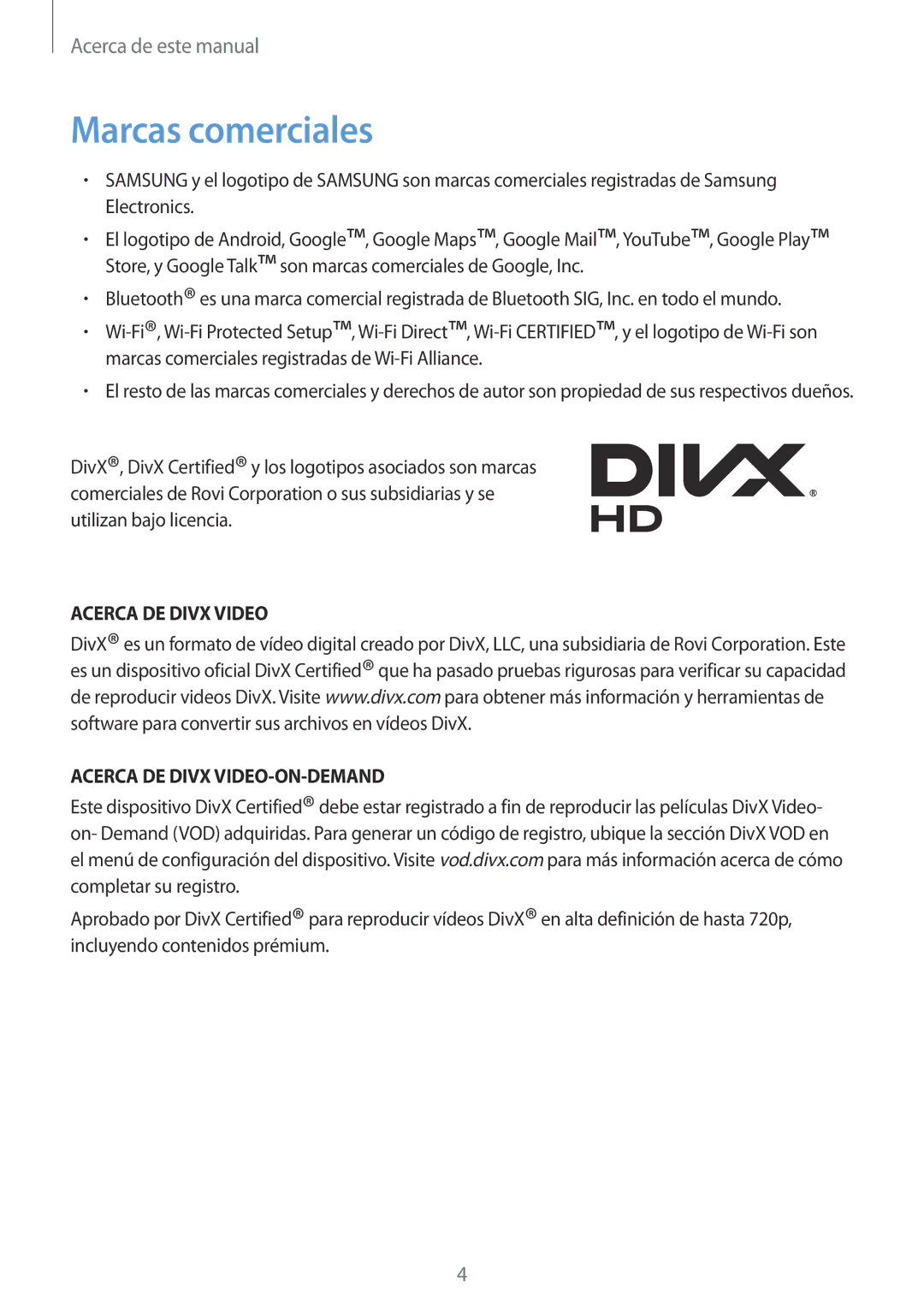 Samsung GT-I9506ZKAATL, GT-I9506DKYDTM manual Marcas comerciales, Acerca DE Divx Video Acerca DE Divx VIDEO-ON-DEMAND 