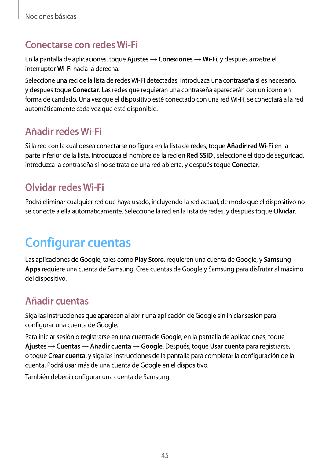 Samsung GT-I9506DKYPHE manual Configurar cuentas, Conectarse con redes Wi-Fi, Añadir redes Wi-Fi, Olvidar redes Wi-Fi 