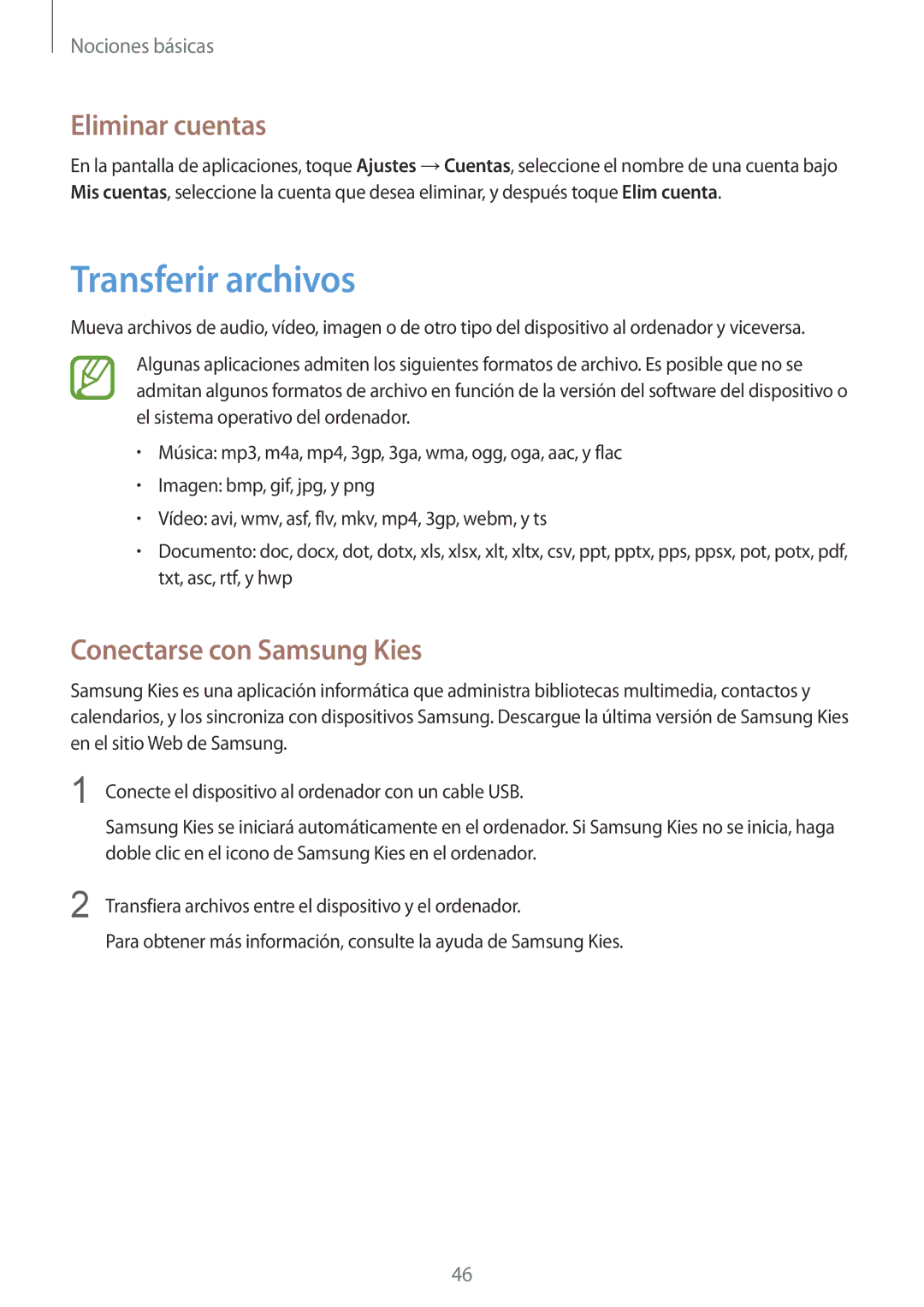 Samsung GT-I9506ZKAATL, GT-I9506DKYDTM, GT-I9506ZWAFTM Transferir archivos, Eliminar cuentas, Conectarse con Samsung Kies 