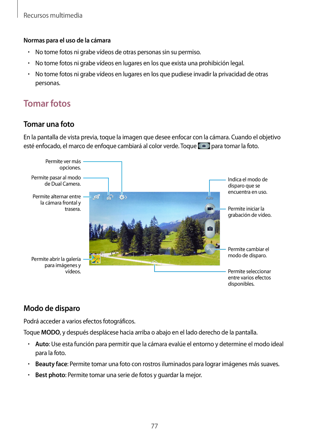 Samsung GT-I9506DKYDTM, GT-I9506ZWAFTM manual Tomar fotos, Tomar una foto, Modo de disparo, Normas para el uso de la cámara 