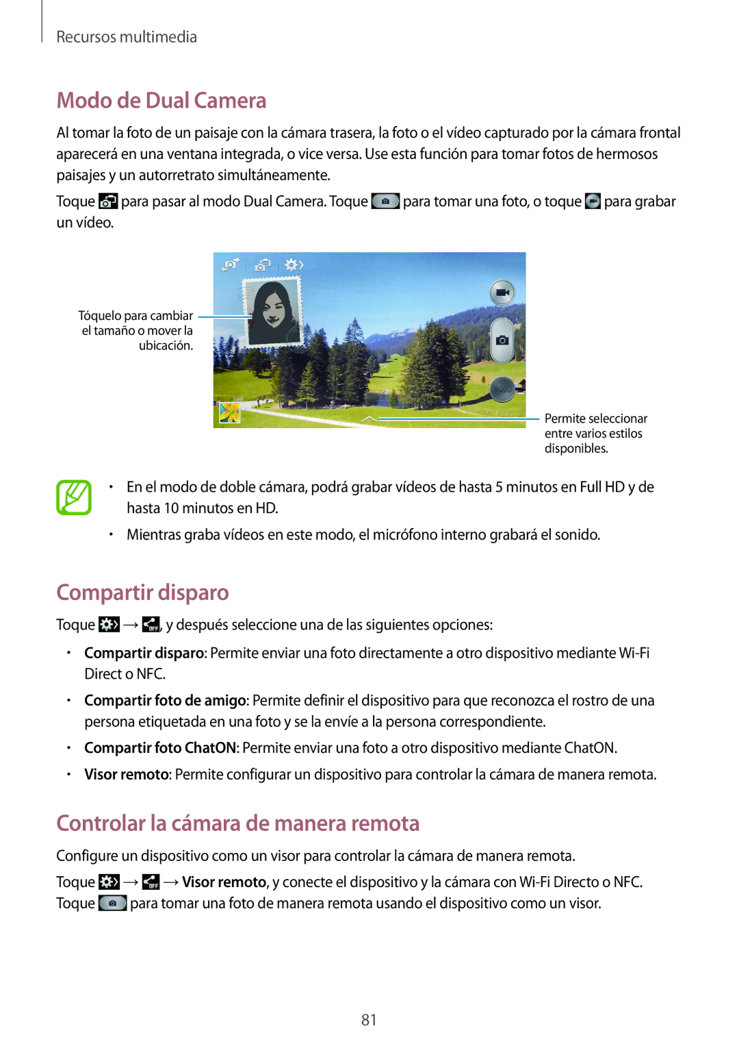 Samsung GT-I9506ZKAATL, GT-I9506DKYDTM manual Modo de Dual Camera, Compartir disparo, Controlar la cámara de manera remota 