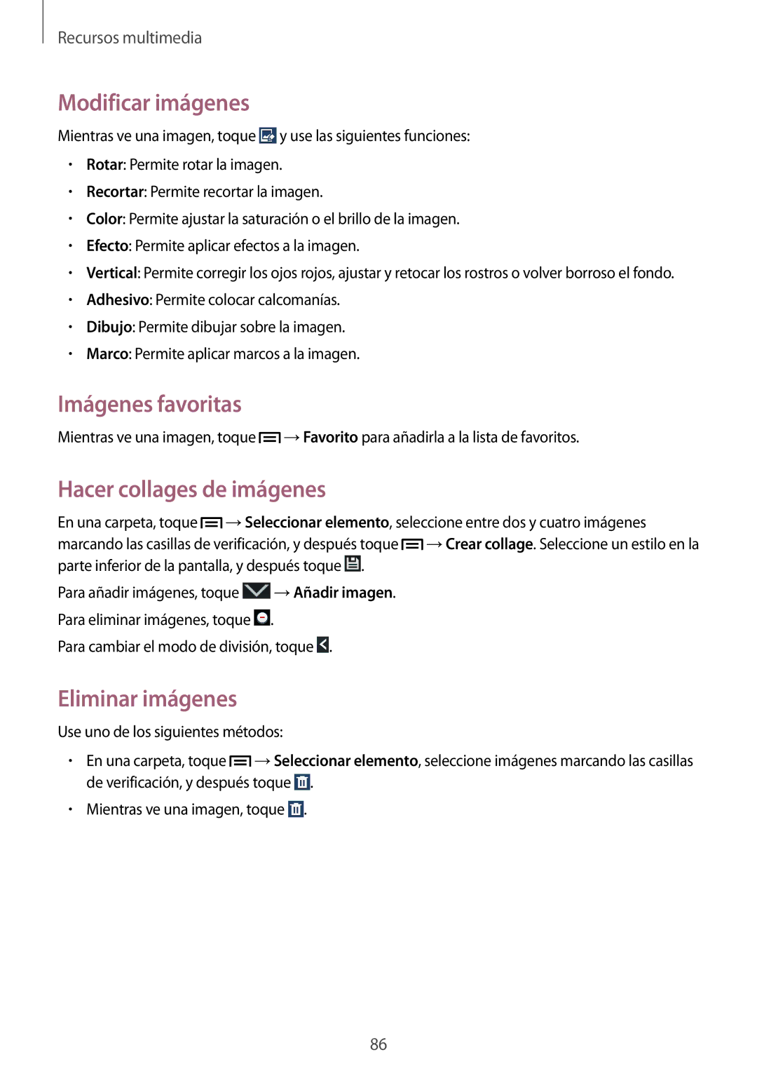 Samsung GT-I9506DKYATL manual Modificar imágenes, Imágenes favoritas, Hacer collages de imágenes, Eliminar imágenes 