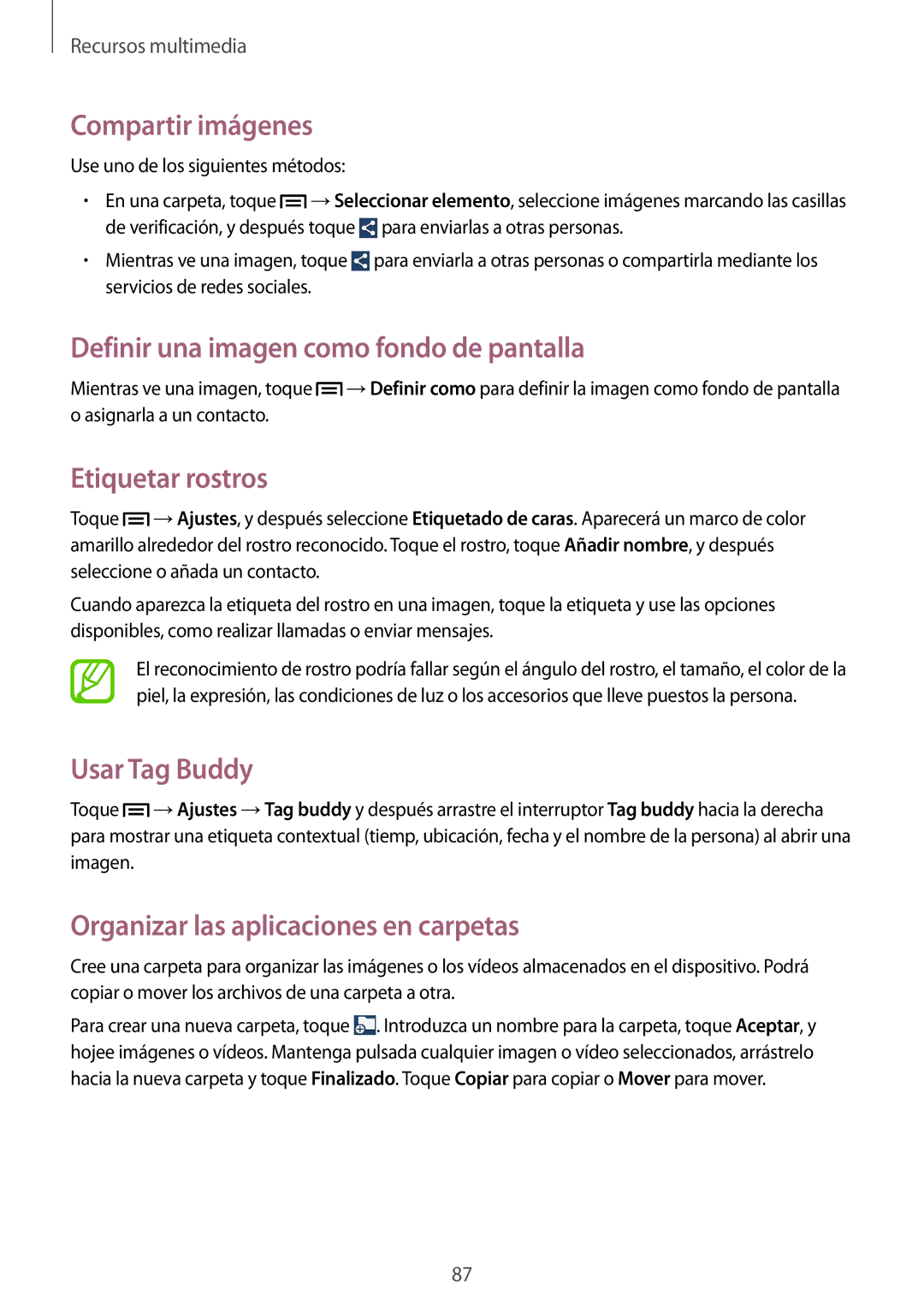 Samsung GT-I9506DKYPHE Compartir imágenes, Definir una imagen como fondo de pantalla, Etiquetar rostros, Usar Tag Buddy 