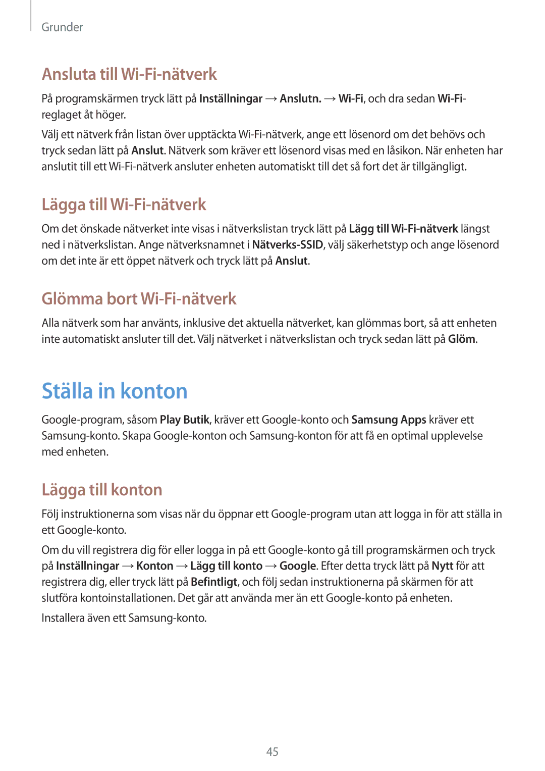 Samsung GT-I9506ZSANEE Ställa in konton, Ansluta till Wi-Fi-nätverk, Lägga till Wi-Fi-nätverk, Glömma bort Wi-Fi-nätverk 