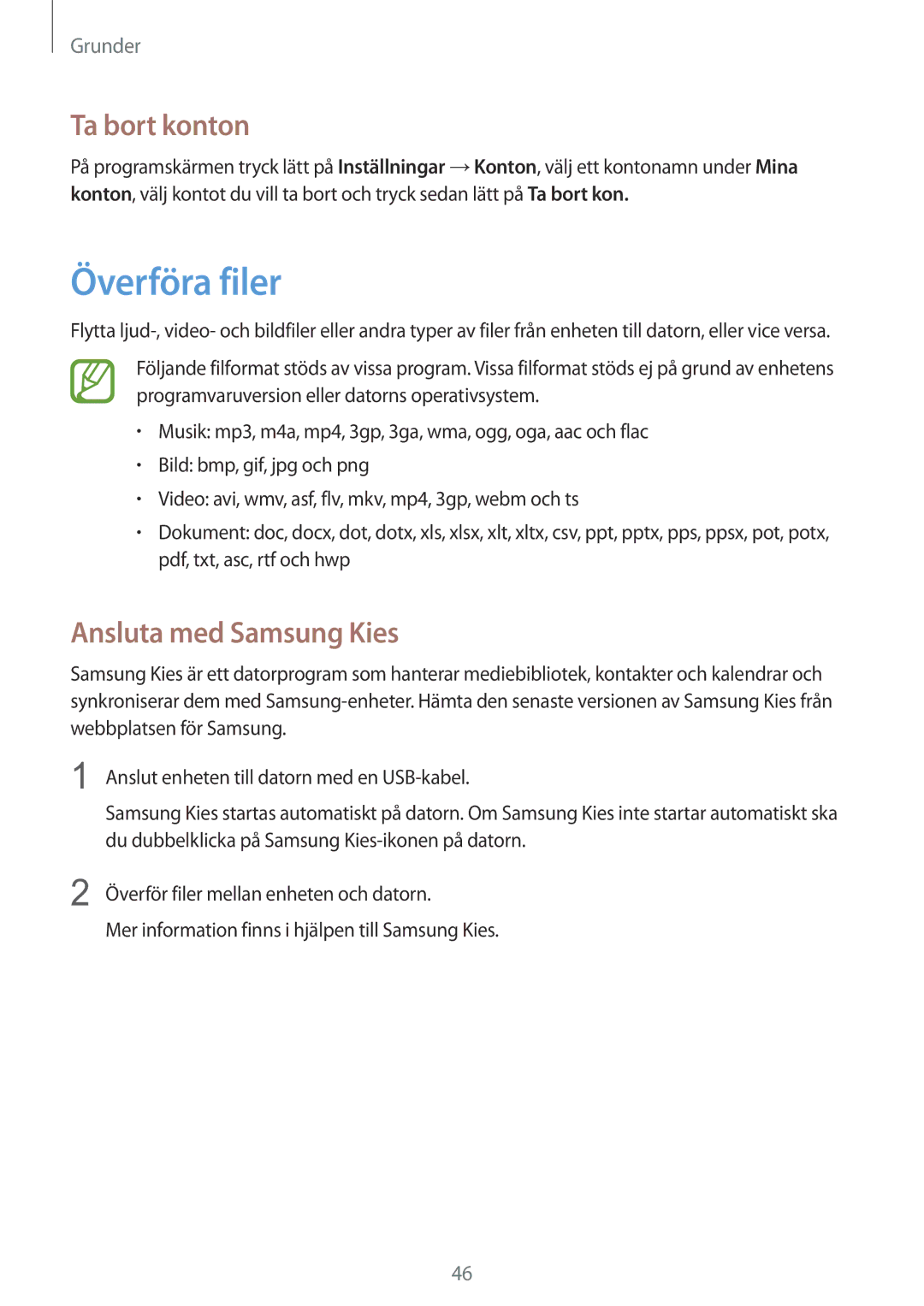 Samsung GT-I9506DKYNEE, GT-I9506ZSANEE manual Överföra filer, Ta bort konton, Ansluta med Samsung Kies 