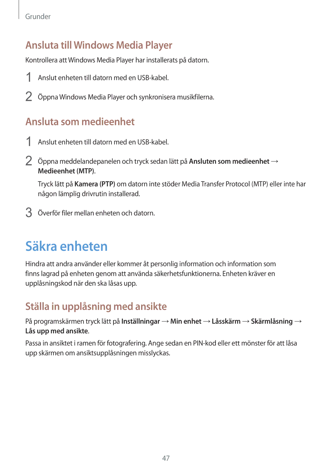 Samsung GT-I9506ZSANEE manual Säkra enheten, Ansluta till Windows Media Player, Ansluta som medieenhet, Medieenhet MTP 