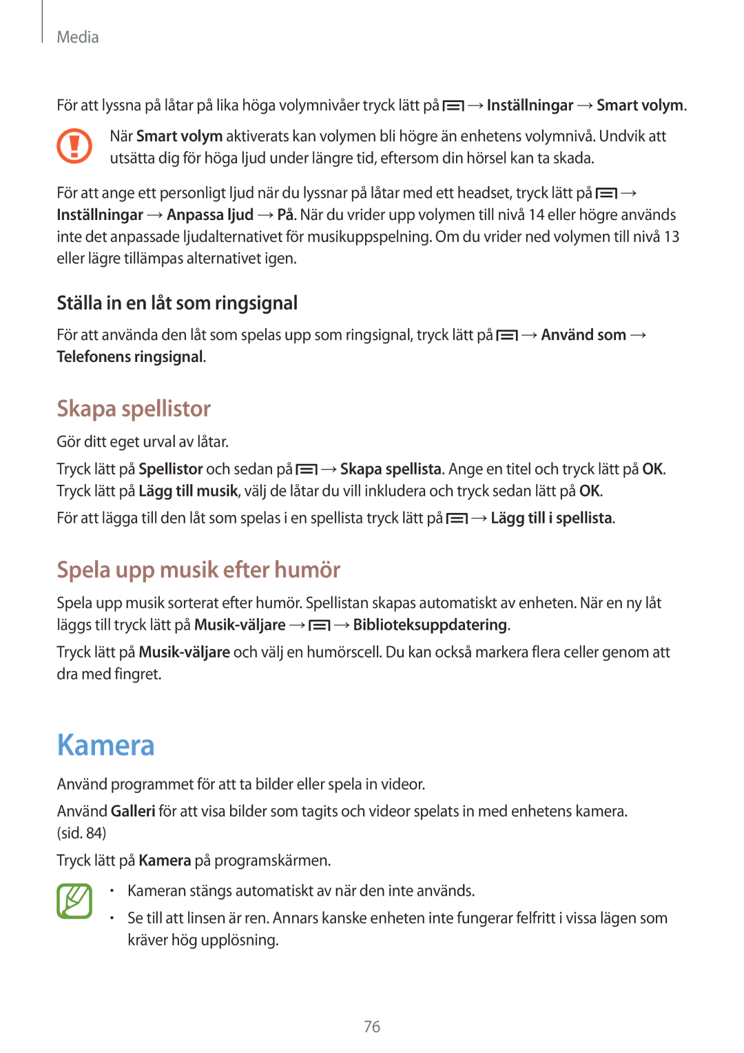 Samsung GT-I9506DKYNEE manual Kamera, Skapa spellistor, Spela upp musik efter humör, Ställa in en låt som ringsignal 