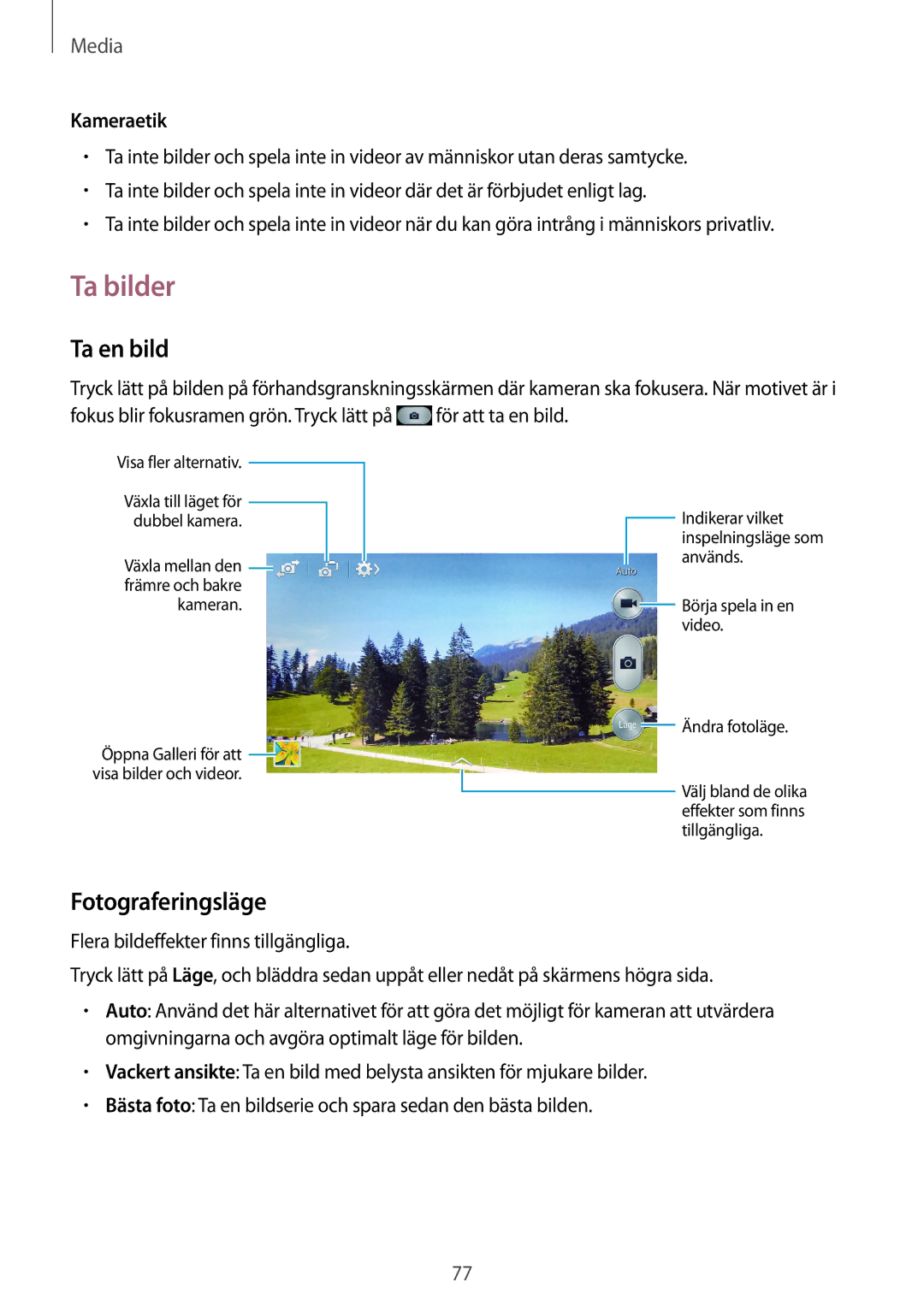 Samsung GT-I9506ZSANEE, GT-I9506DKYNEE manual Ta bilder, Ta en bild, Fotograferingsläge, Kameraetik 