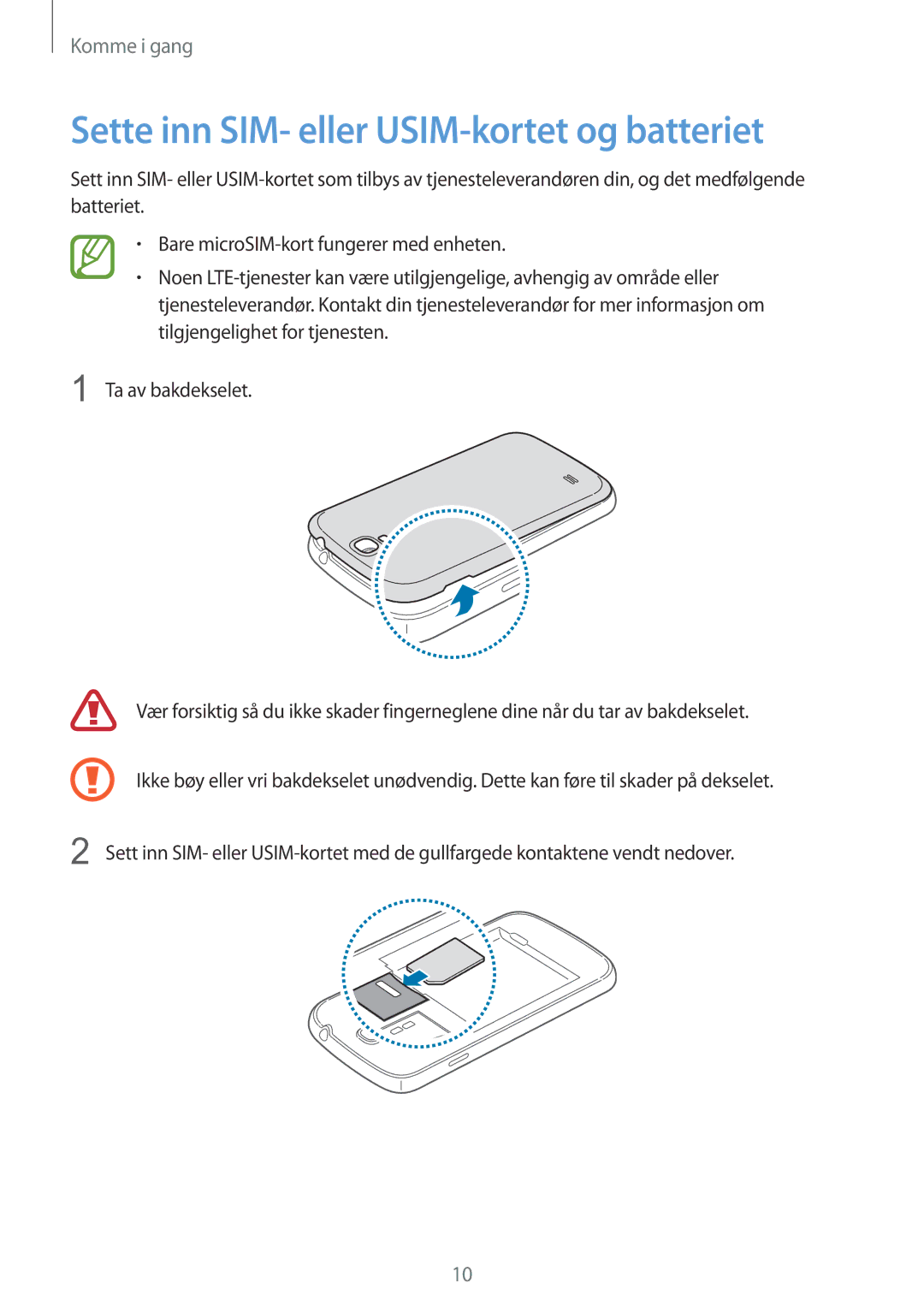 Samsung GT-I9506DKYNEE, GT-I9506ZSANEE manual Sette inn SIM- eller USIM-kortet og batteriet 