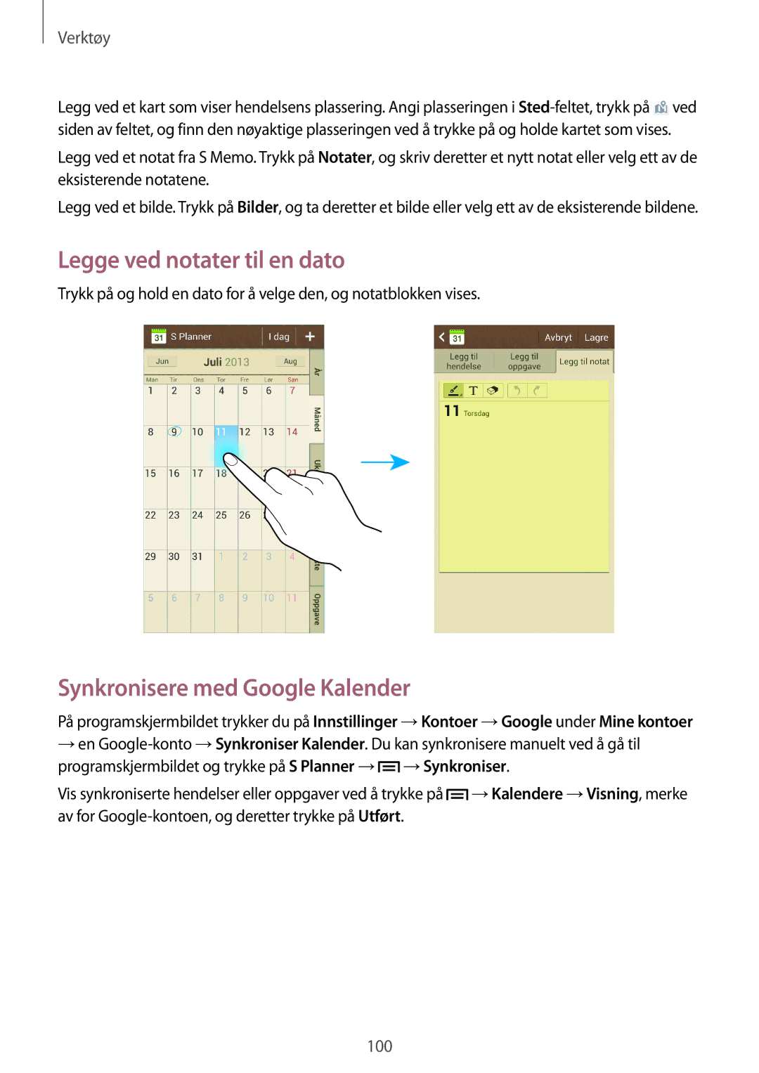 Samsung GT-I9506DKYNEE, GT-I9506ZSANEE manual Legge ved notater til en dato, Synkronisere med Google Kalender 