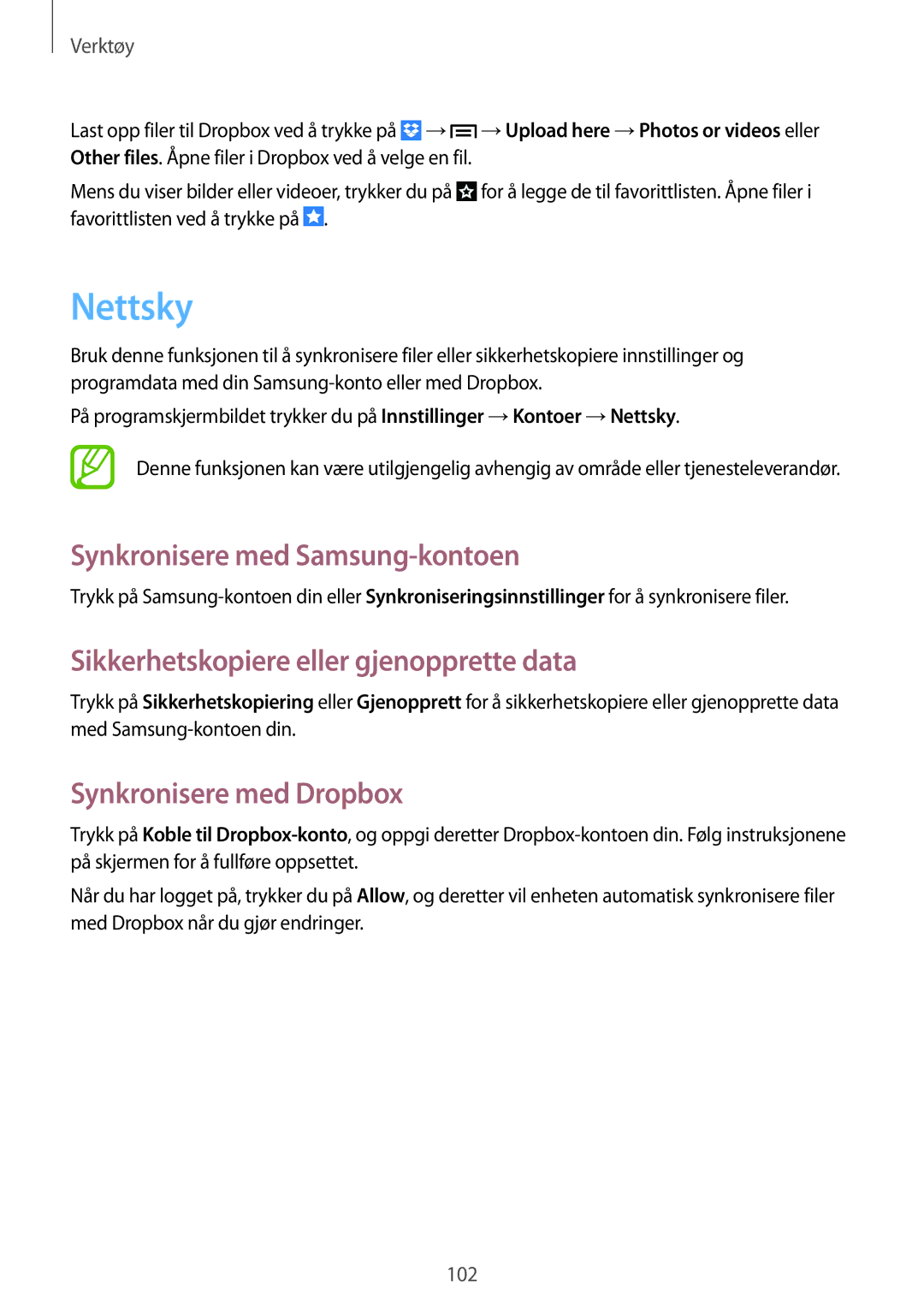 Samsung GT-I9506DKYNEE manual Nettsky, Synkronisere med Samsung-kontoen, Sikkerhetskopiere eller gjenopprette data 