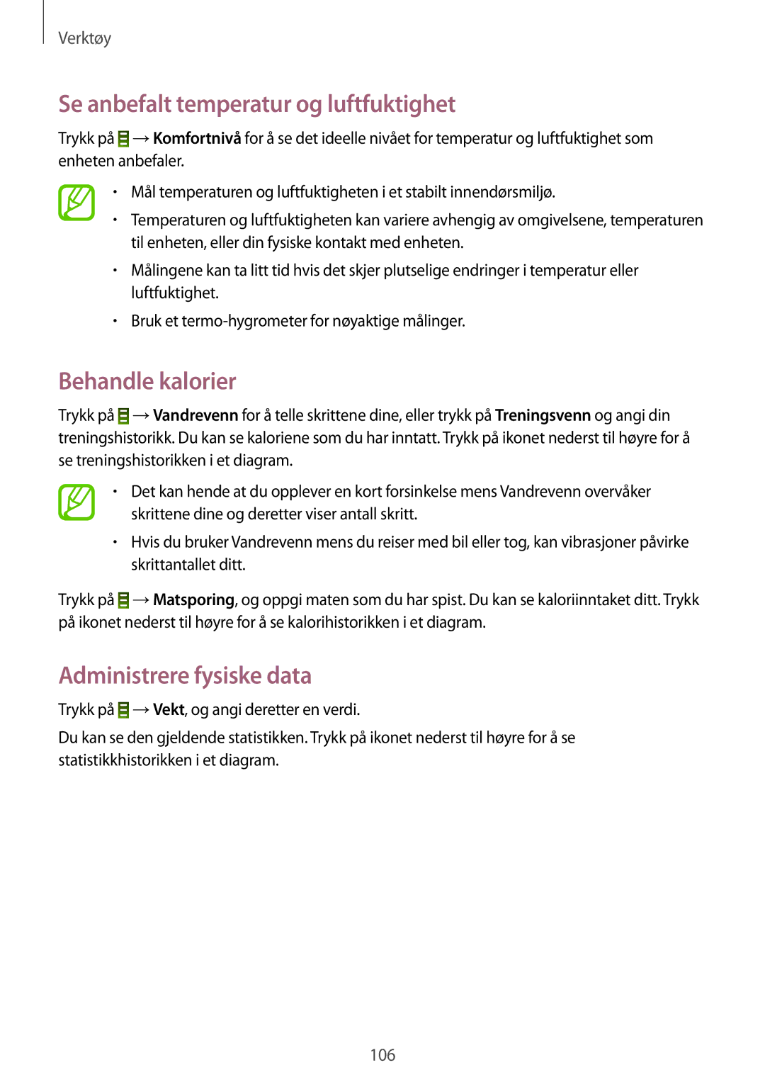 Samsung GT-I9506DKYNEE manual Se anbefalt temperatur og luftfuktighet, Behandle kalorier, Administrere fysiske data 