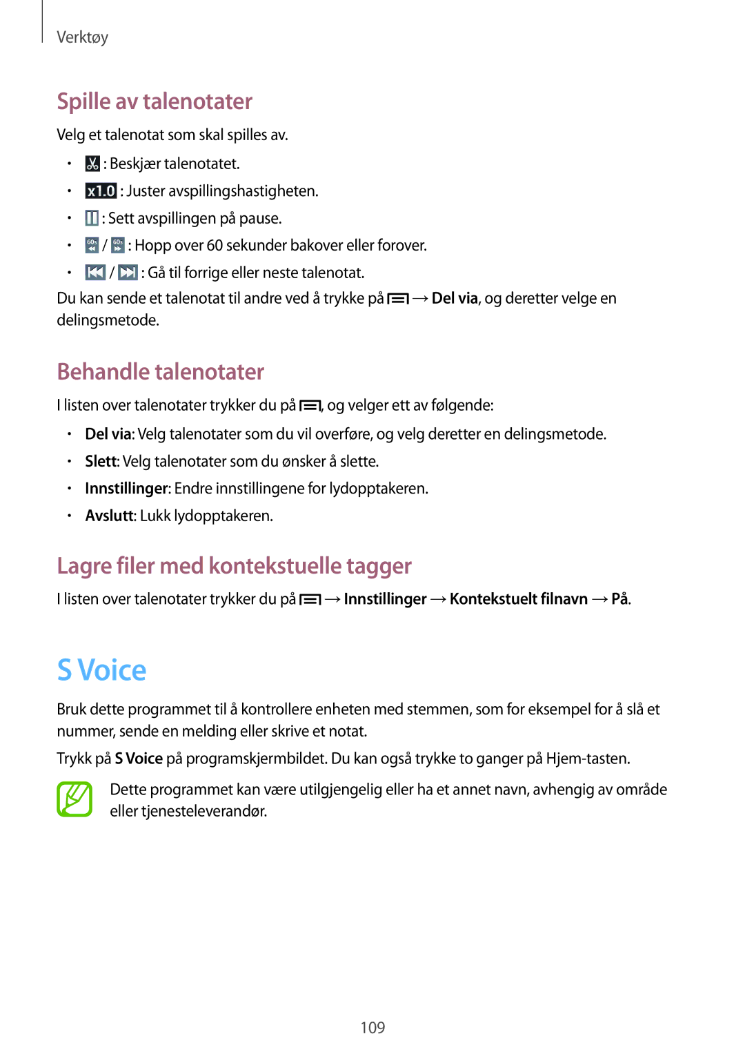 Samsung GT-I9506ZSANEE manual Voice, Spille av talenotater, Behandle talenotater, Lagre filer med kontekstuelle tagger 