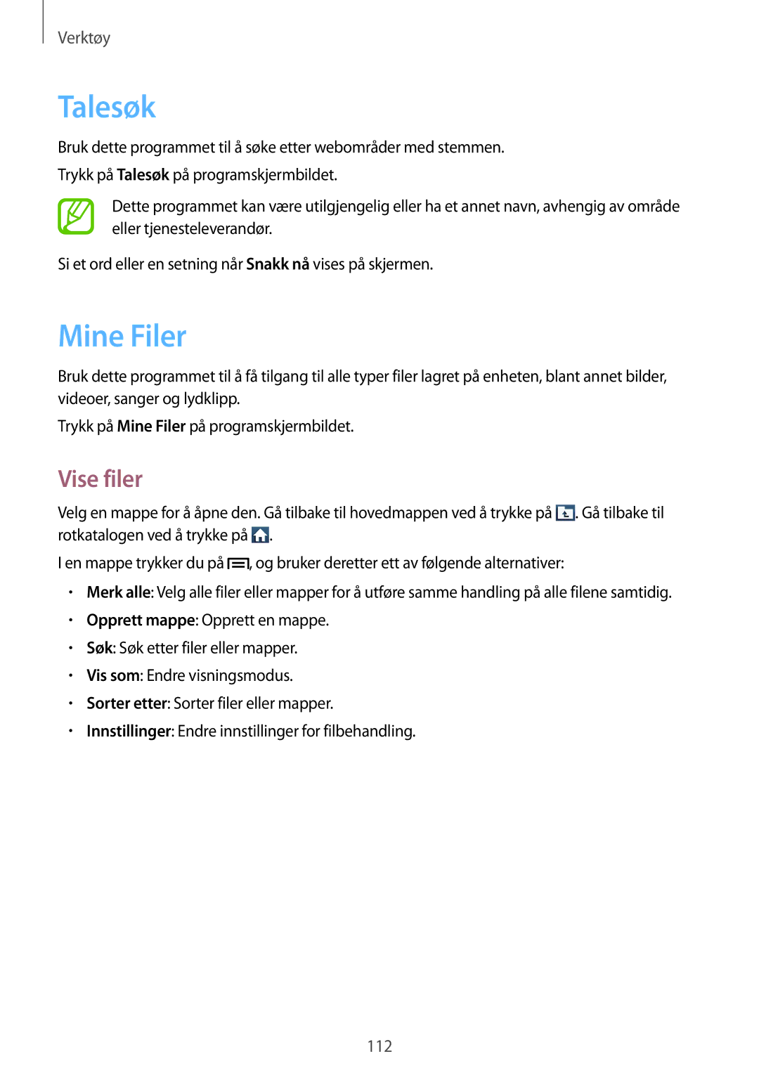 Samsung GT-I9506DKYNEE, GT-I9506ZSANEE manual Talesøk, Mine Filer, Vise filer 