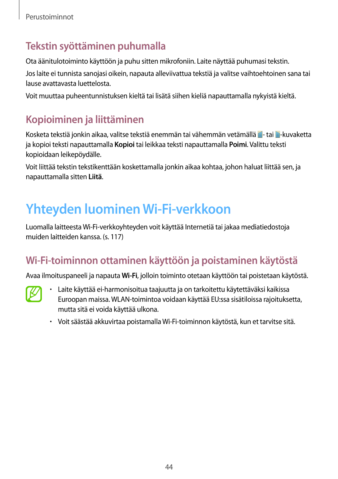 Samsung GT-I9506DKYNEE manual Yhteyden luominen Wi-Fi-verkkoon, Tekstin syöttäminen puhumalla, Kopioiminen ja liittäminen 