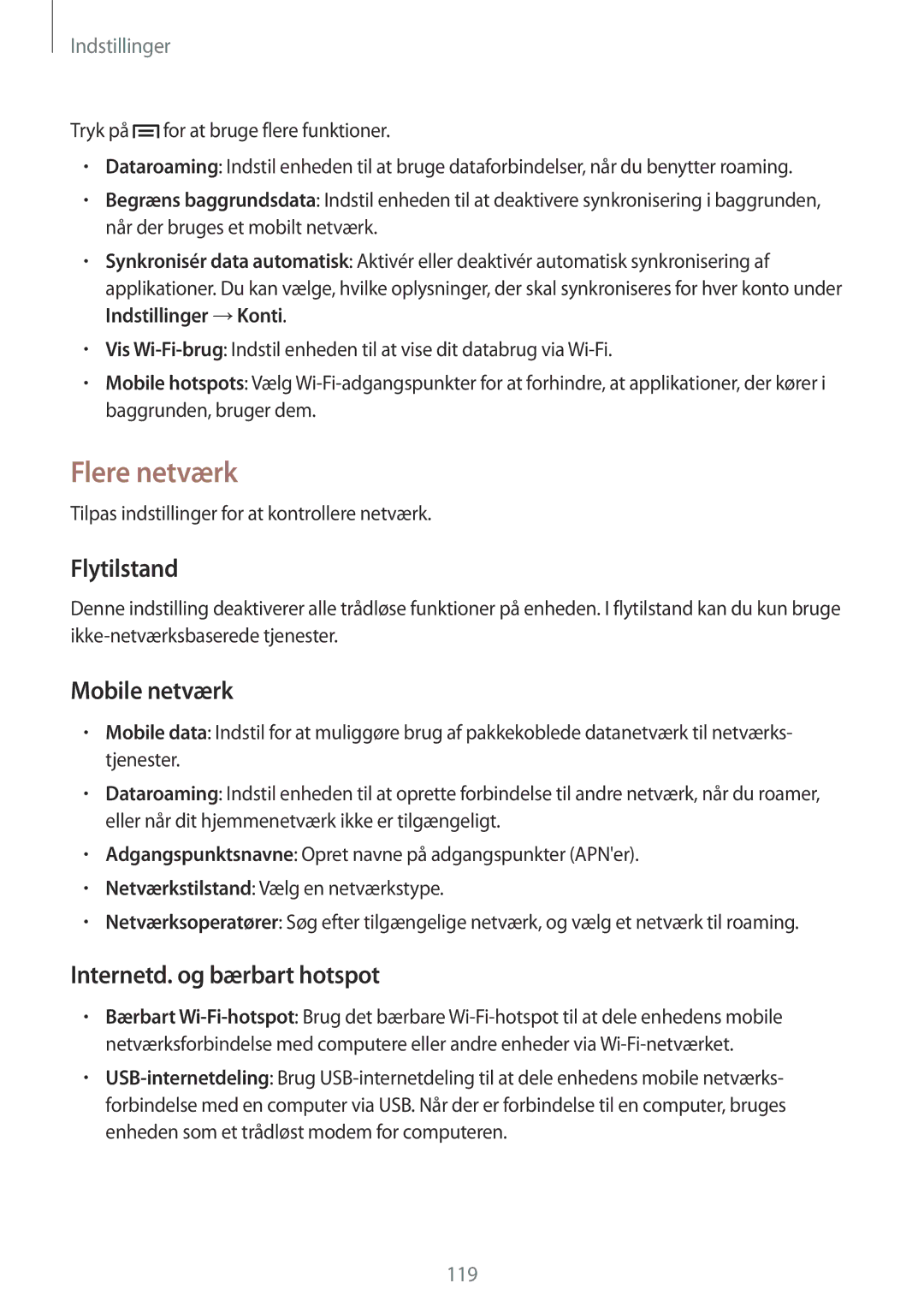 Samsung GT-I9506ZSANEE, GT-I9506DKYNEE manual Flere netværk, Flytilstand, Mobile netværk, Internetd. og bærbart hotspot 