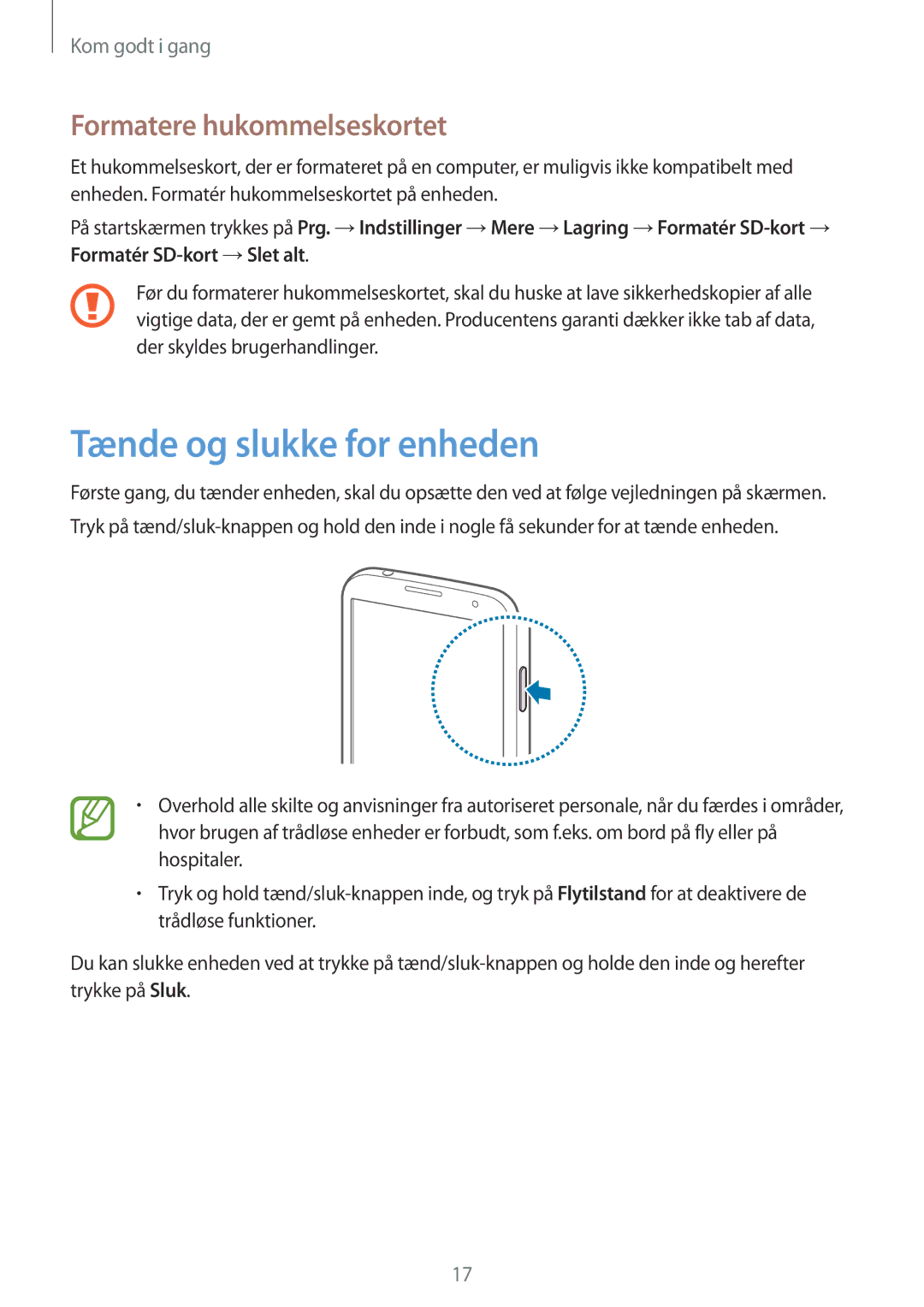 Samsung GT-I9506ZSANEE, GT-I9506DKYNEE manual Tænde og slukke for enheden, Formatere hukommelseskortet 